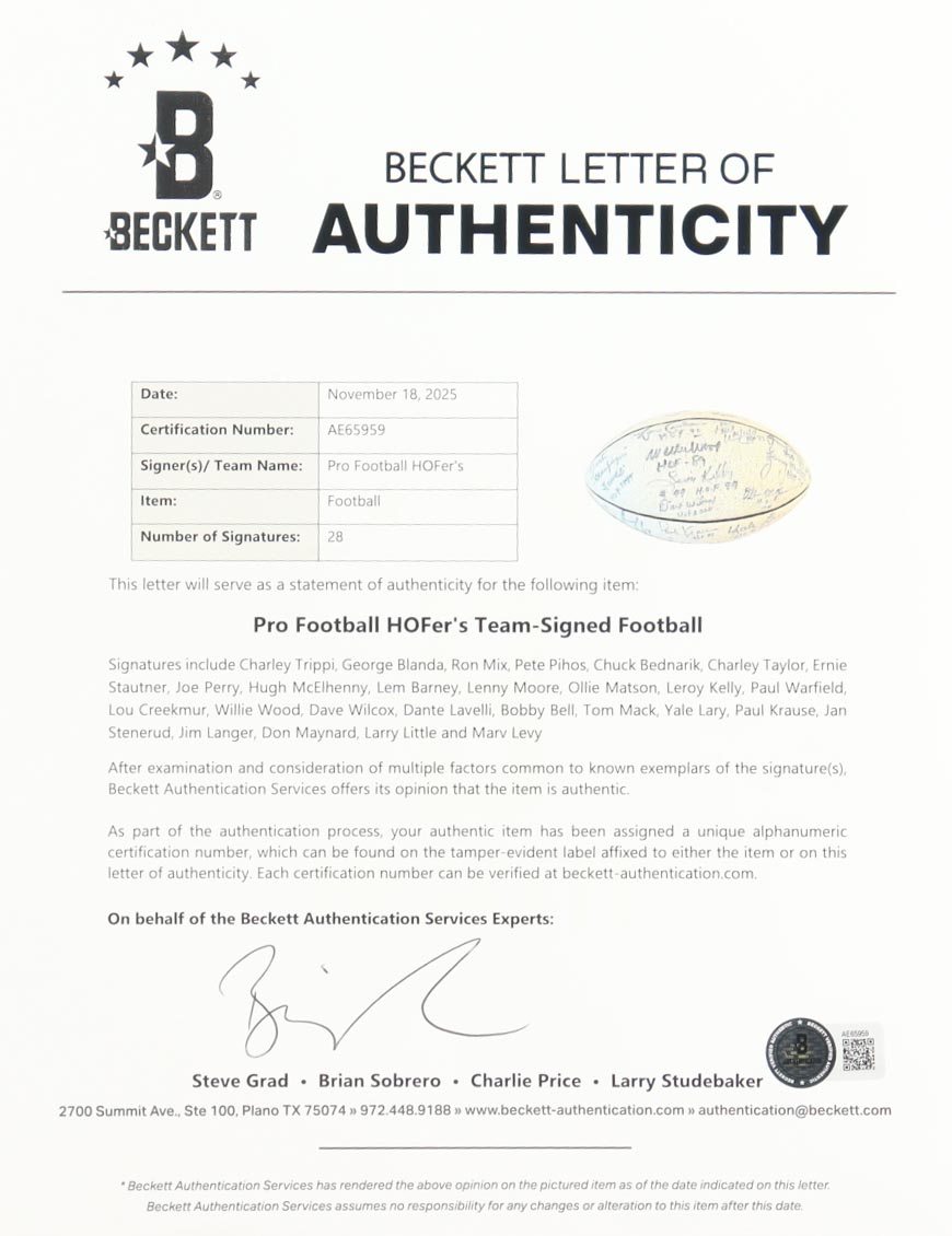 NFL Hall Of Famers Football Signed By (28) With Chuck Bednarik, George Blanda, Paul Warfield, Lenny Moore With Multiple Inscriptions (Beckett) at PristineAuction.com NFL Hall Of Famers Football Signed By (28) With Chuck Bednarik, George Blanda, Paul Warfield, Lenny Moore With Multiple Inscriptions (Beckett) at PristineAuction.com