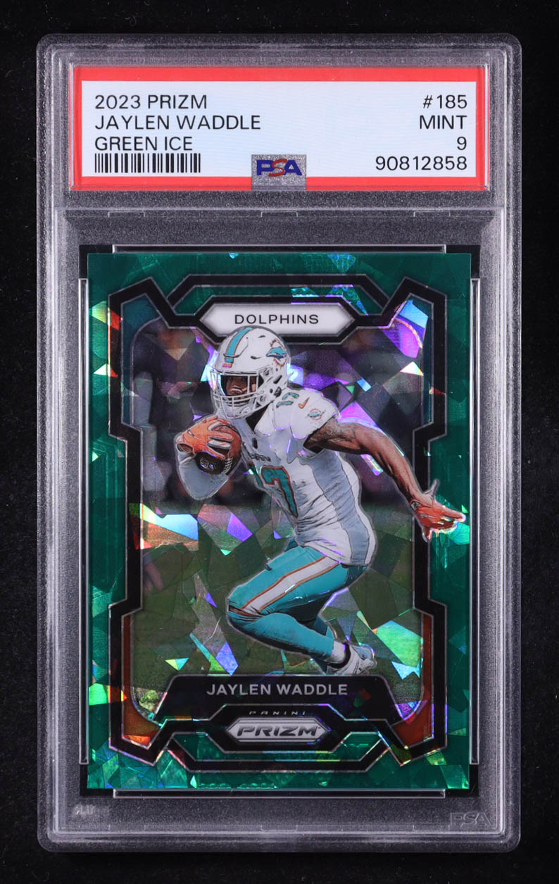 Jaylen Waddle 2023 Panini Prizm Prizms Green Ice #185 (PSA 9) at PristineAuction.com Jaylen Waddle 2023 Panini Prizm Prizms Green Ice #185 (PSA 9) at PristineAuction.com