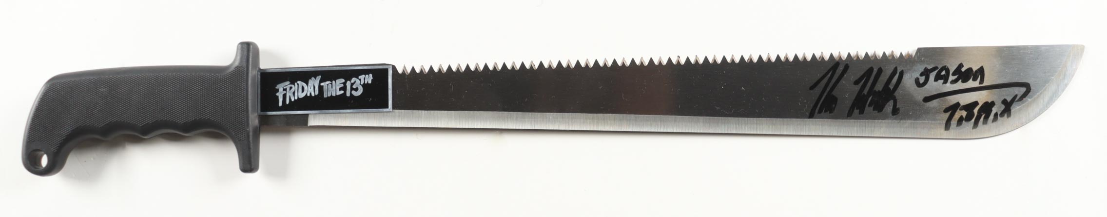 Kane Hodder Signed "Friday the 13th" 23" Steel Machete Inscribed "Jason 7, 8, 9, X" (JSA) at PristineAuction.com Kane Hodder Signed "Friday the 13th" 23" Steel Machete Inscribed "Jason 7, 8, 9, X" (JSA) at PristineAuction.com