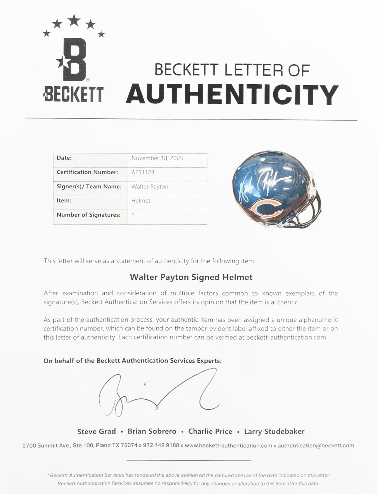 Walter Payton Signed Bears Full-Size Authentic On-Field Speed Helmet (Beckett) at PristineAuction.com Walter Payton Signed Bears Full-Size Authentic On-Field Speed Helmet (Beckett) at PristineAuction.com