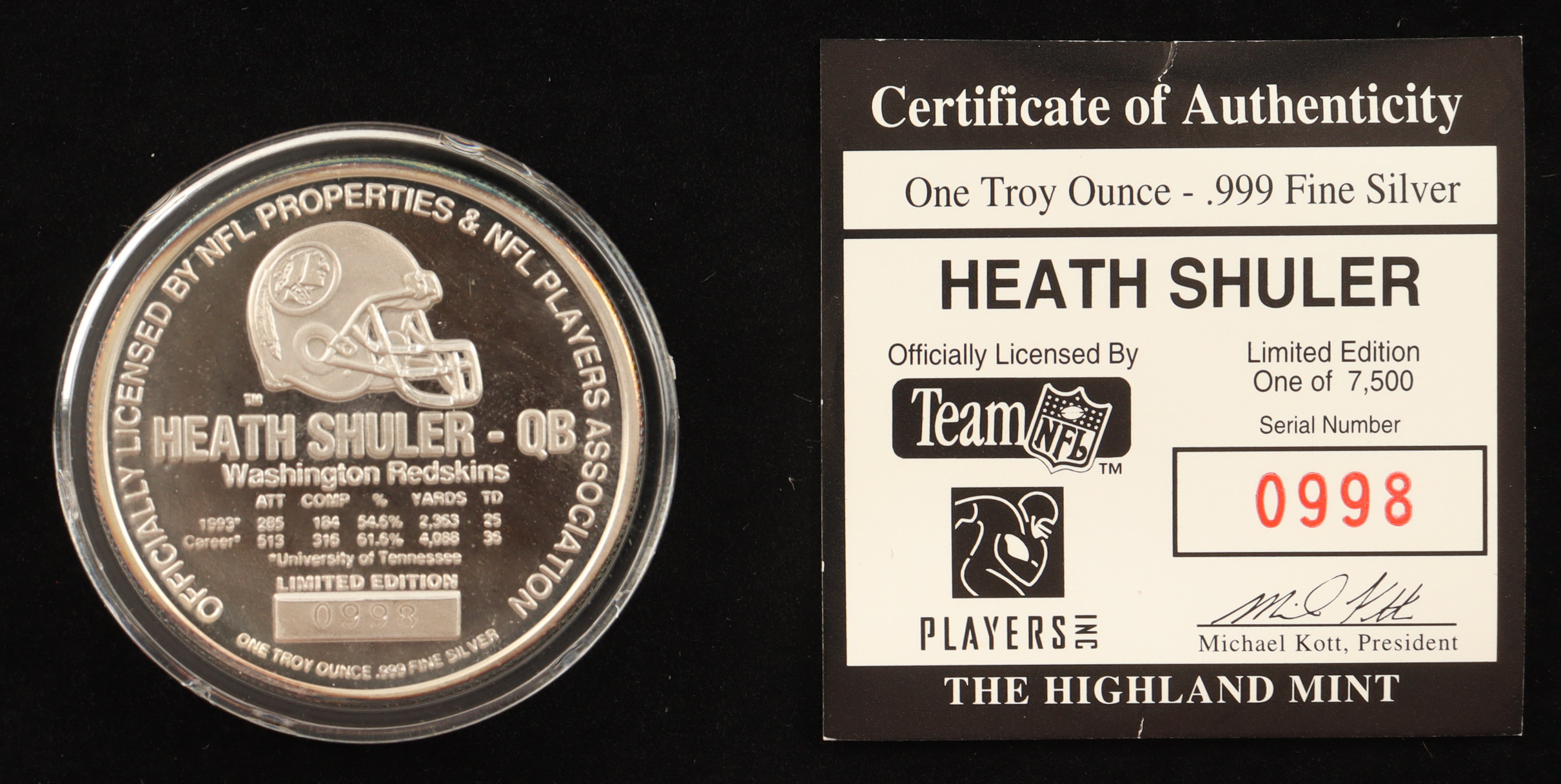 Heath Shuler LE The Highland Mint 1 Troy Oz .999 Fine Silver Commemorative Bullion Round at PristineAuction.com Heath Shuler LE The Highland Mint 1 Troy Oz .999 Fine Silver Commemorative Bullion Round at PristineAuction.com