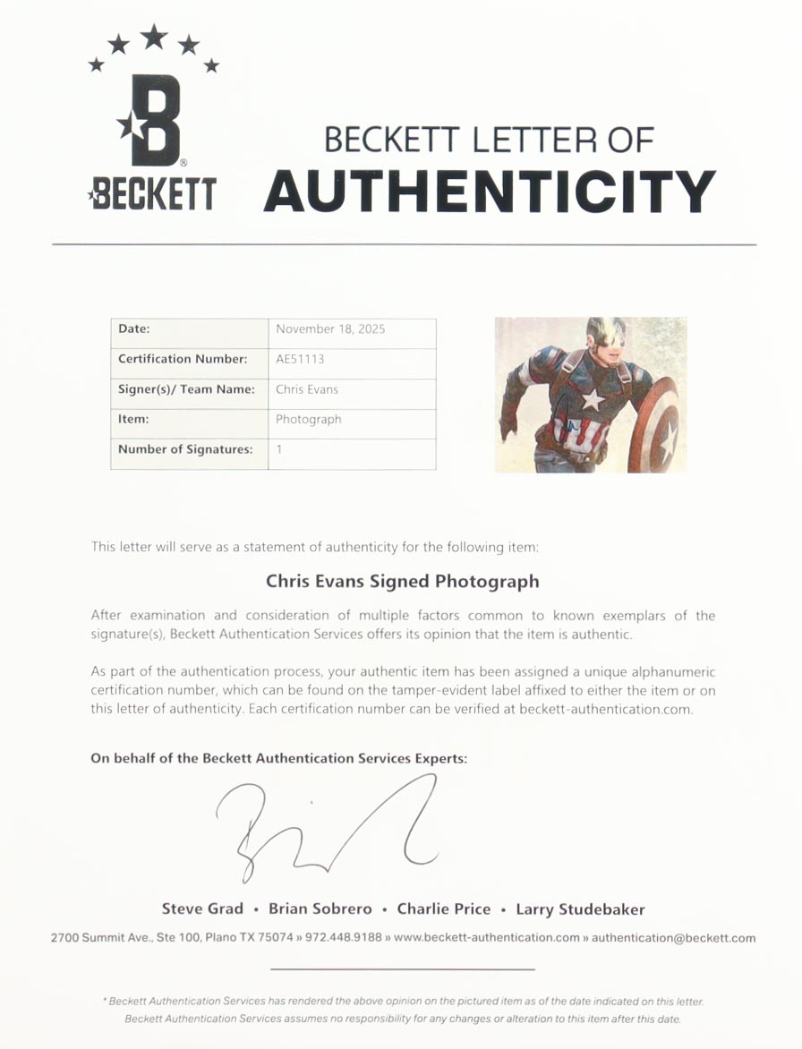 Chris Evans Signed "Captain America: The First Avenger" 8x10 Photo (Beckett) at PristineAuction.com Chris Evans Signed "Captain America: The First Avenger" 8x10 Photo (Beckett) at PristineAuction.com