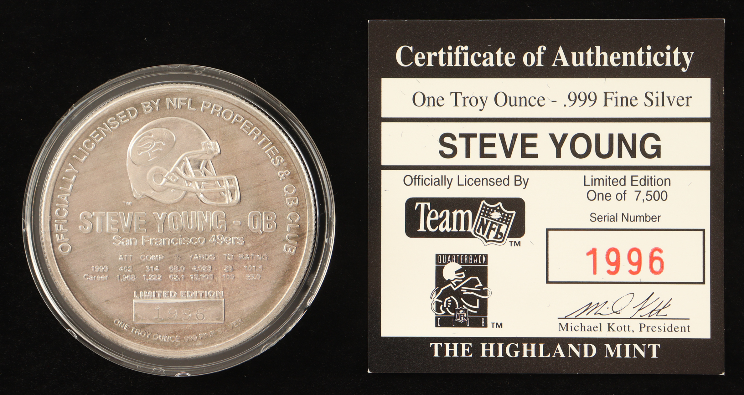 Steve Young LE The Highland Mint 1 Troy Oz .999 Fine Silver Commemorative Bullion Round at PristineAuction.com Steve Young LE The Highland Mint 1 Troy Oz .999 Fine Silver Commemorative Bullion Round at PristineAuction.com