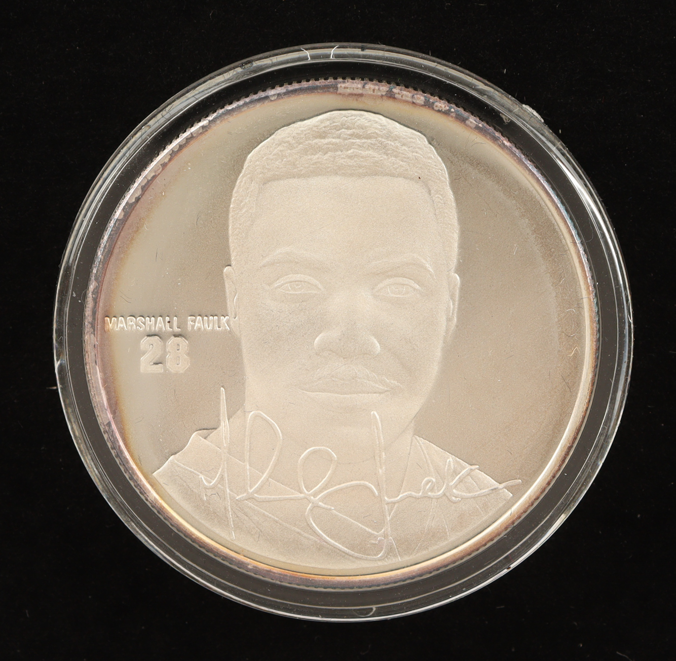 Marshall Faulk LE The Highland Mint 1 Troy Oz .999 Fine Silver Commemorative Bullion Round at PristineAuction.com Marshall Faulk LE The Highland Mint 1 Troy Oz .999 Fine Silver Commemorative Bullion Round at PristineAuction.com