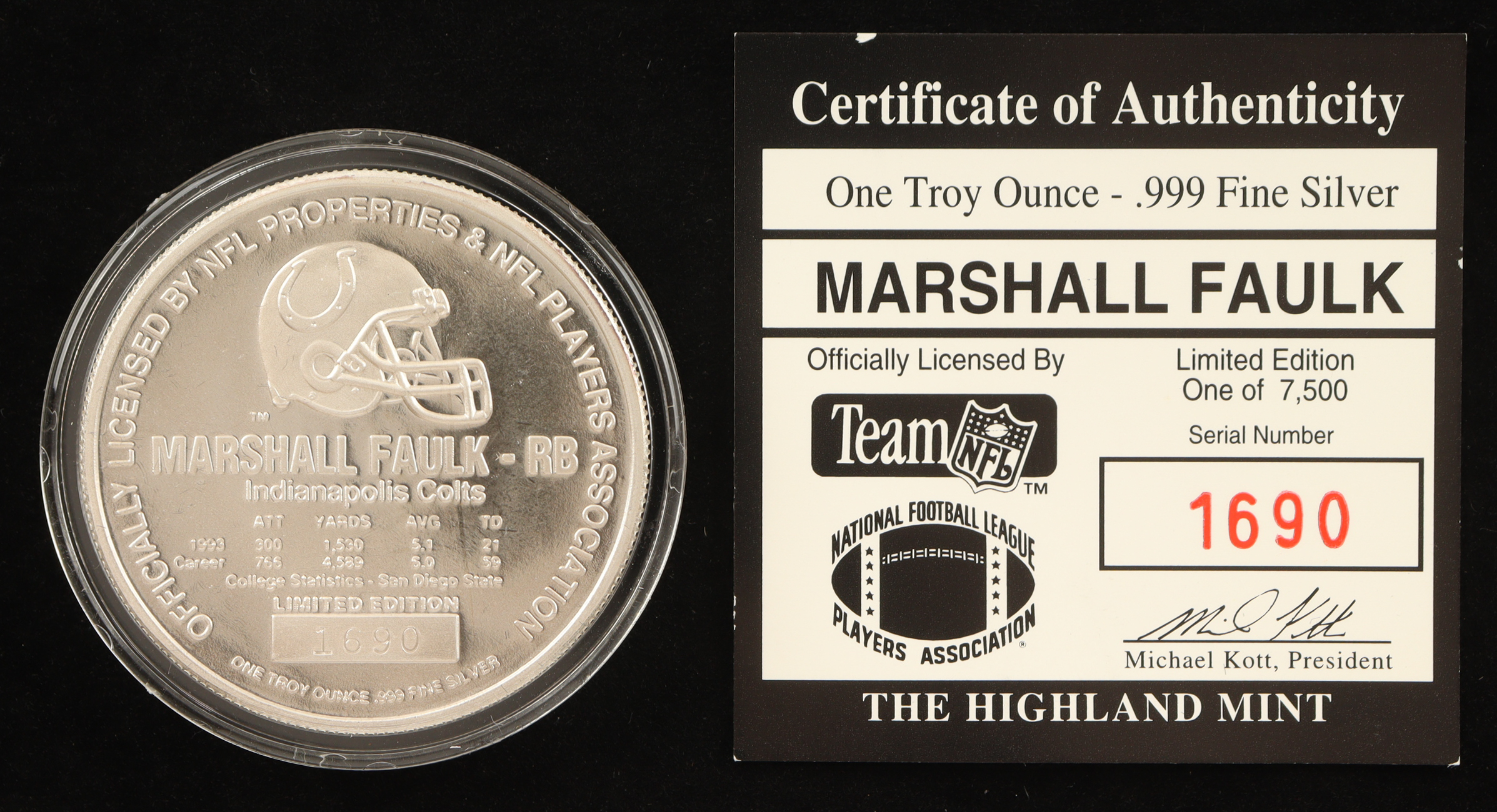Marshall Faulk LE The Highland Mint 1 Troy Oz .999 Fine Silver Commemorative Bullion Round at PristineAuction.com Marshall Faulk LE The Highland Mint 1 Troy Oz .999 Fine Silver Commemorative Bullion Round at PristineAuction.com