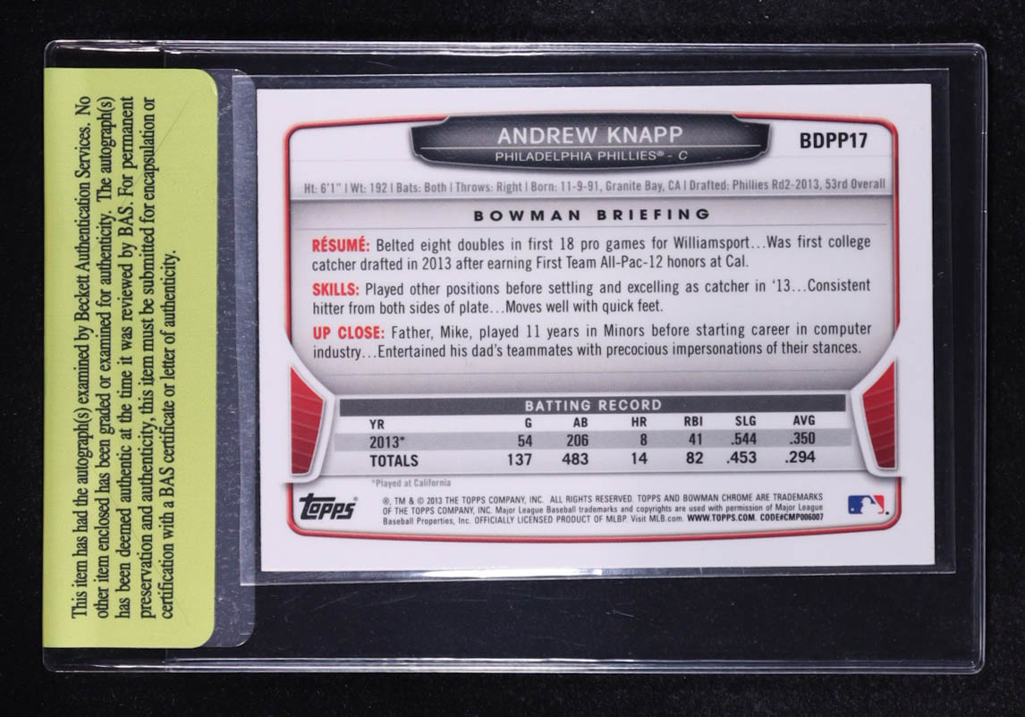 Andrew Knapp Signed 2013 Bowman Chrome Draft Draft Picks #BDPP17 RC (Beckett) at PristineAuction.com Andrew Knapp Signed 2013 Bowman Chrome Draft Draft Picks #BDPP17 RC (Beckett) at PristineAuction.com