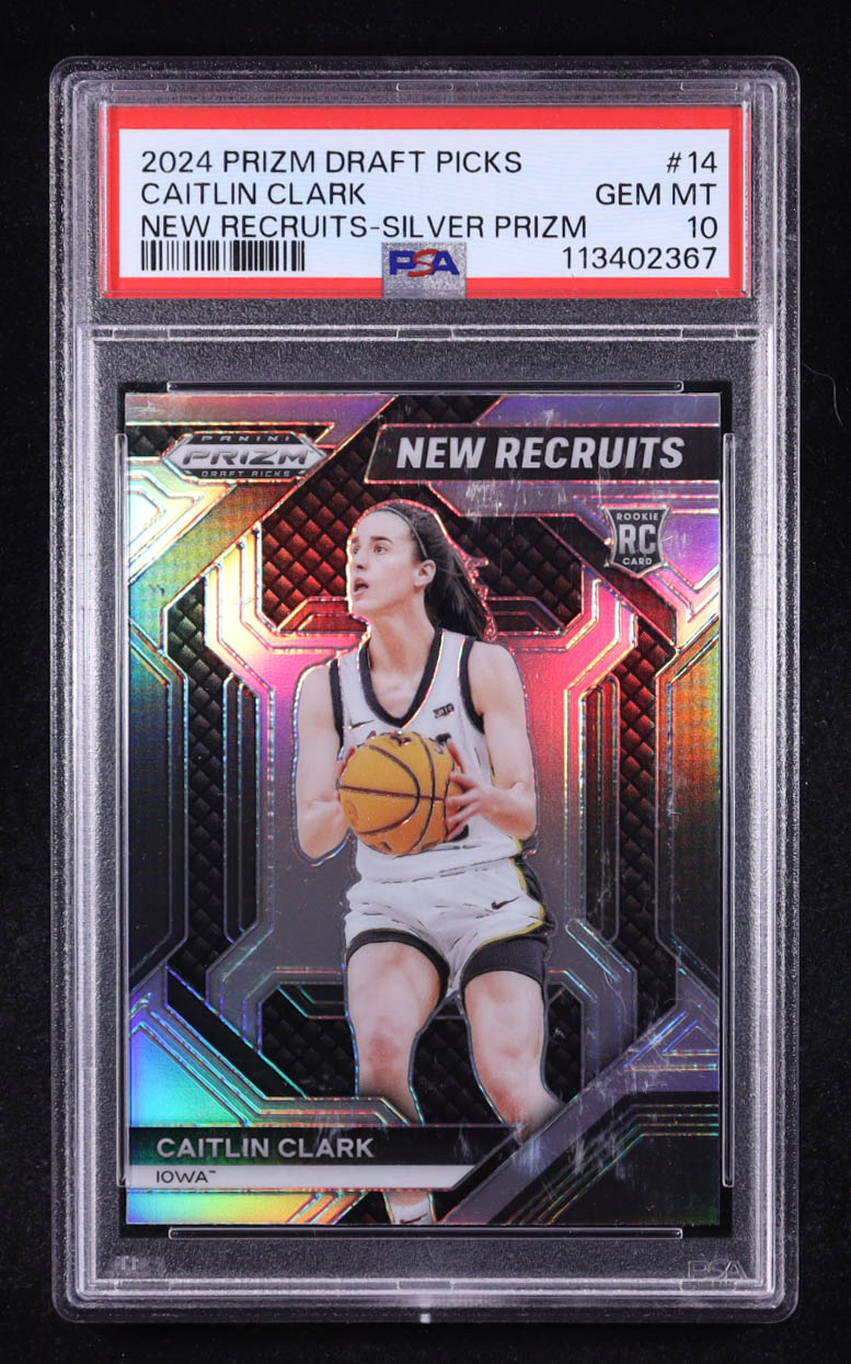 Caitlin Clark 2024 Panini Prizm Draft Picks New Recruits Silver #14 RC (PSA 9) at PristineAuction.com Caitlin Clark 2024 Panini Prizm Draft Picks New Recruits Silver #14 RC (PSA 9) at PristineAuction.com
