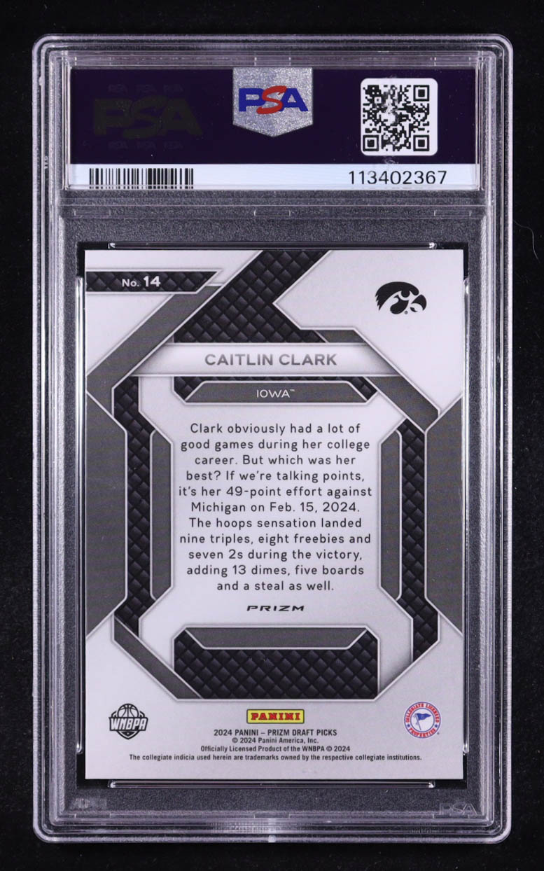 Caitlin Clark 2024 Panini Prizm Draft Picks New Recruits Silver #14 RC (PSA 9) at PristineAuction.com Caitlin Clark 2024 Panini Prizm Draft Picks New Recruits Silver #14 RC (PSA 9) at PristineAuction.com