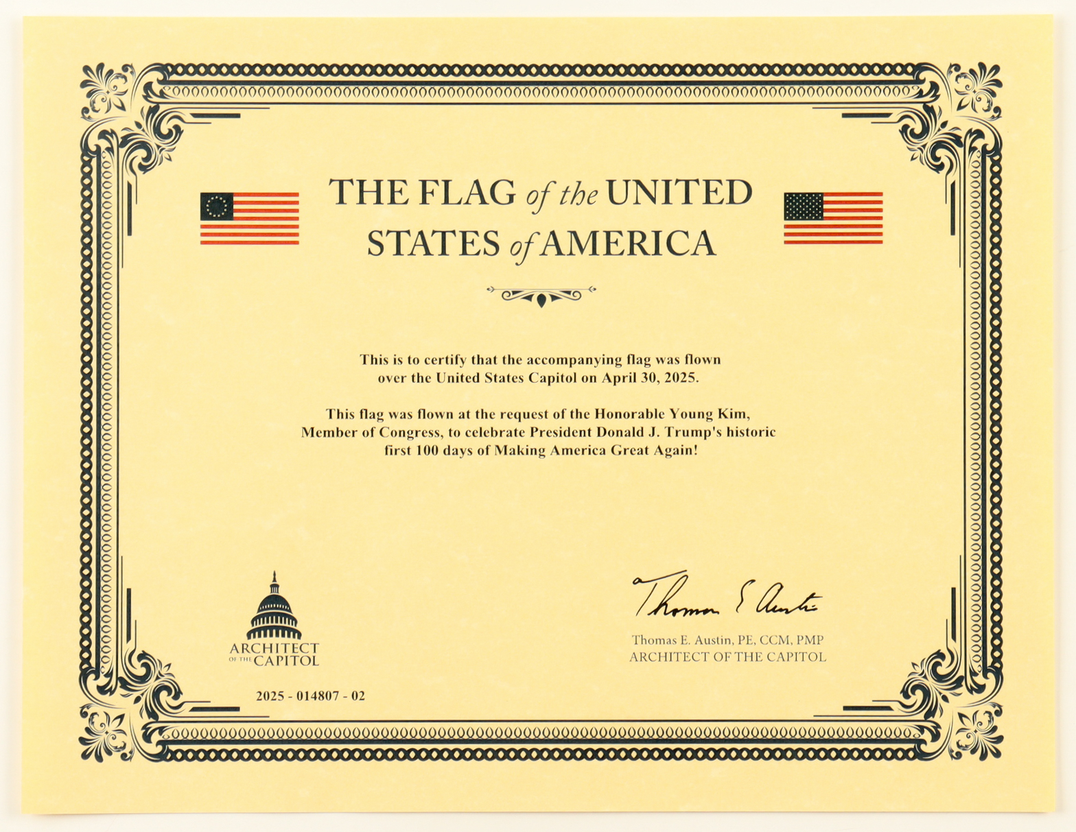 Trump Second Term 1st 100 Days Celebration Capitol Flag (Architect of the Capitol) at PristineAuction.com Trump Second Term 1st 100 Days Celebration Capitol Flag (Architect of the Capitol) at PristineAuction.com