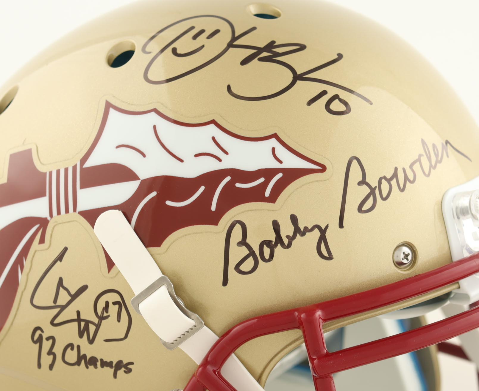 Bobby Bowden, Charlie Ward & Derrick Brooks Signed Florida State Seminoles Authentic On-Field Full Size Helmet Inscribed "93 Champs" (Beckett) at PristineAuction.com Bobby Bowden, Charlie Ward & Derrick Brooks Signed Florida State Seminoles Authentic On-Field Full Size Helmet Inscribed "93 Champs" (Beckett) at PristineAuction.com