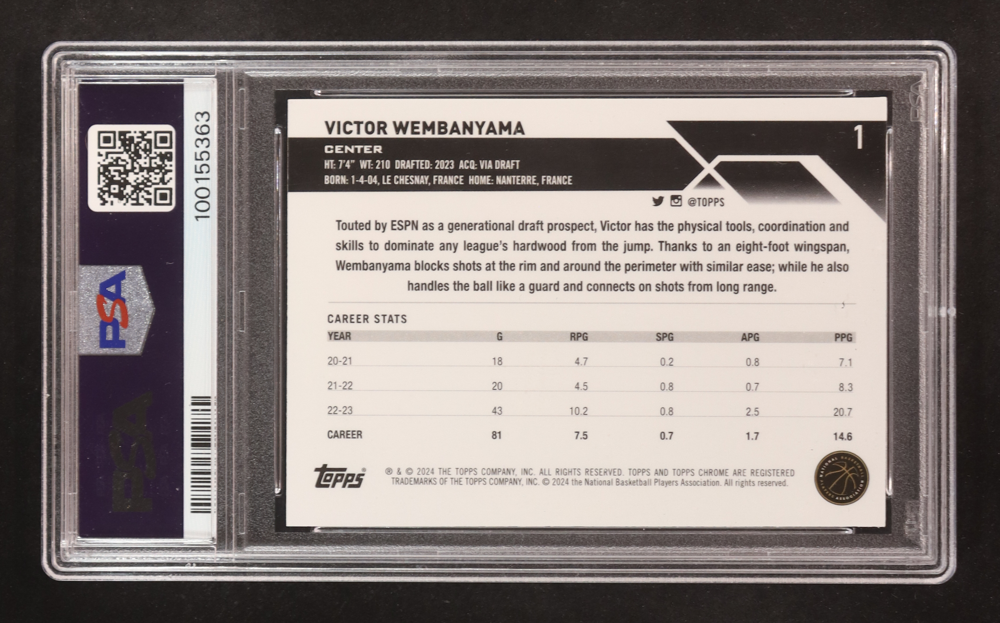 Victor Wembanyama 2023-24 Topps Chrome Purple Geometric Refractors #1 #025/119 RC (PSA 9) at PristineAuction.com Victor Wembanyama 2023-24 Topps Chrome Purple Geometric Refractors #1 #025/119 RC (PSA 9) at PristineAuction.com