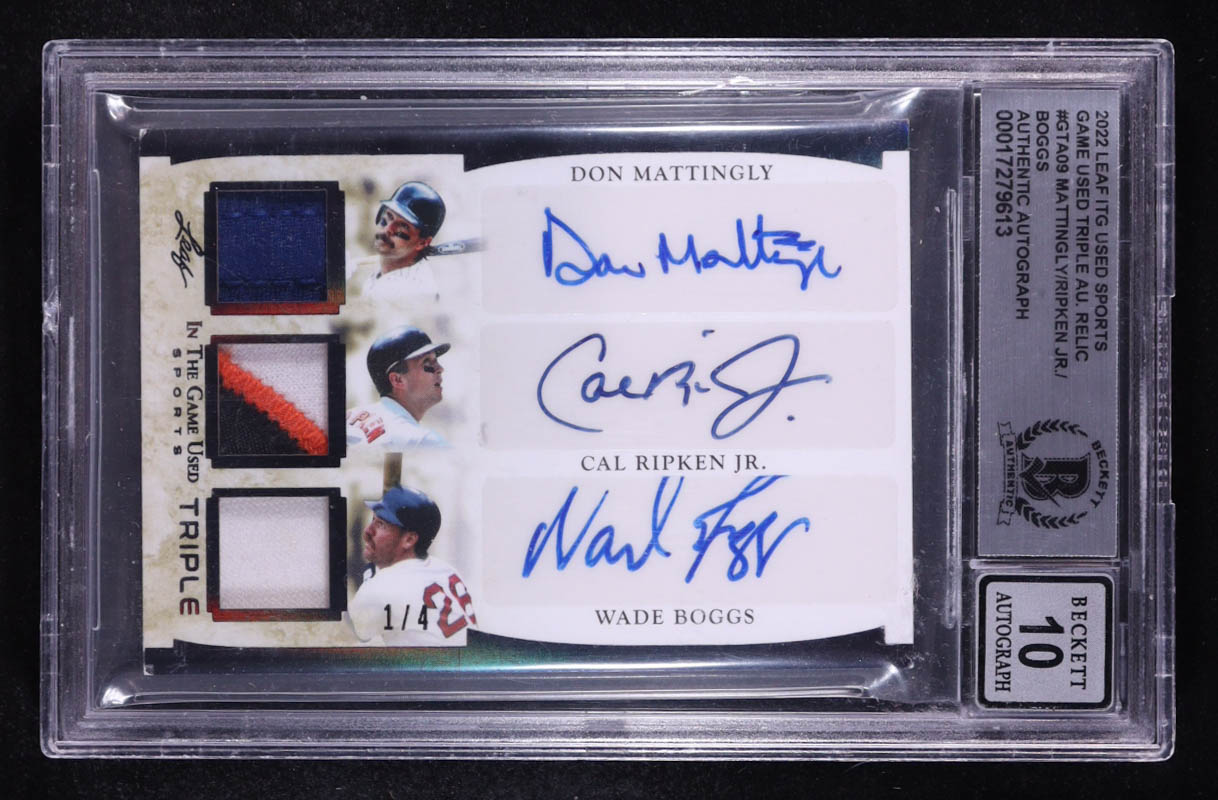 Don Mattingly / Cal Ripken Jr. / Wade Boggs Signed 2022 Leaf ITG Used Sports Triple Autographs Relic #GTA09 #1/4 (BGS | Autograph Graded BGS 10) at PristineAuction.com Don Mattingly / Cal Ripken Jr. / Wade Boggs Signed 2022 Leaf ITG Used Sports Triple Autographs Relic #GTA09 #1/4 (BGS | Autograph Graded BGS 10) at PristineAuction.com