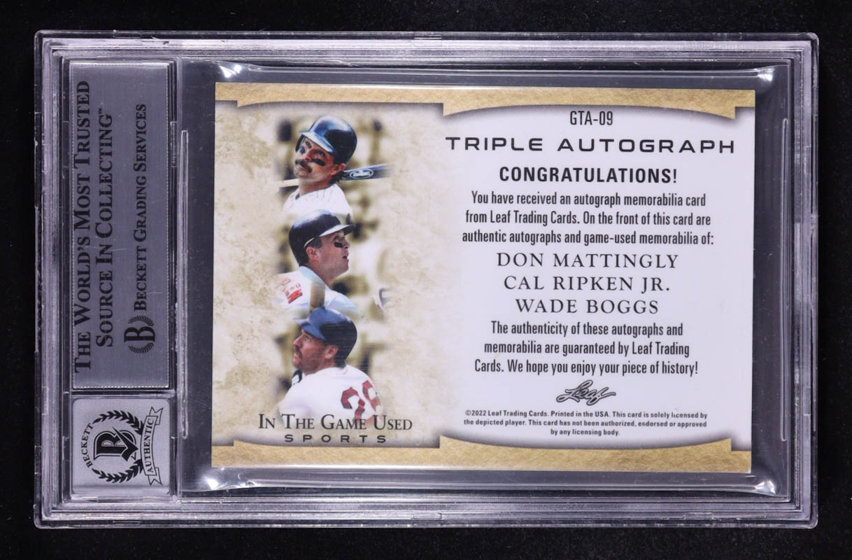 Don Mattingly / Cal Ripken Jr. / Wade Boggs Signed 2022 Leaf ITG Used Sports Triple Autographs Relic #GTA09 #1/4 (BGS | Autograph Graded BGS 10) at PristineAuction.com Don Mattingly / Cal Ripken Jr. / Wade Boggs Signed 2022 Leaf ITG Used Sports Triple Autographs Relic #GTA09 #1/4 (BGS | Autograph Graded BGS 10) at PristineAuction.com