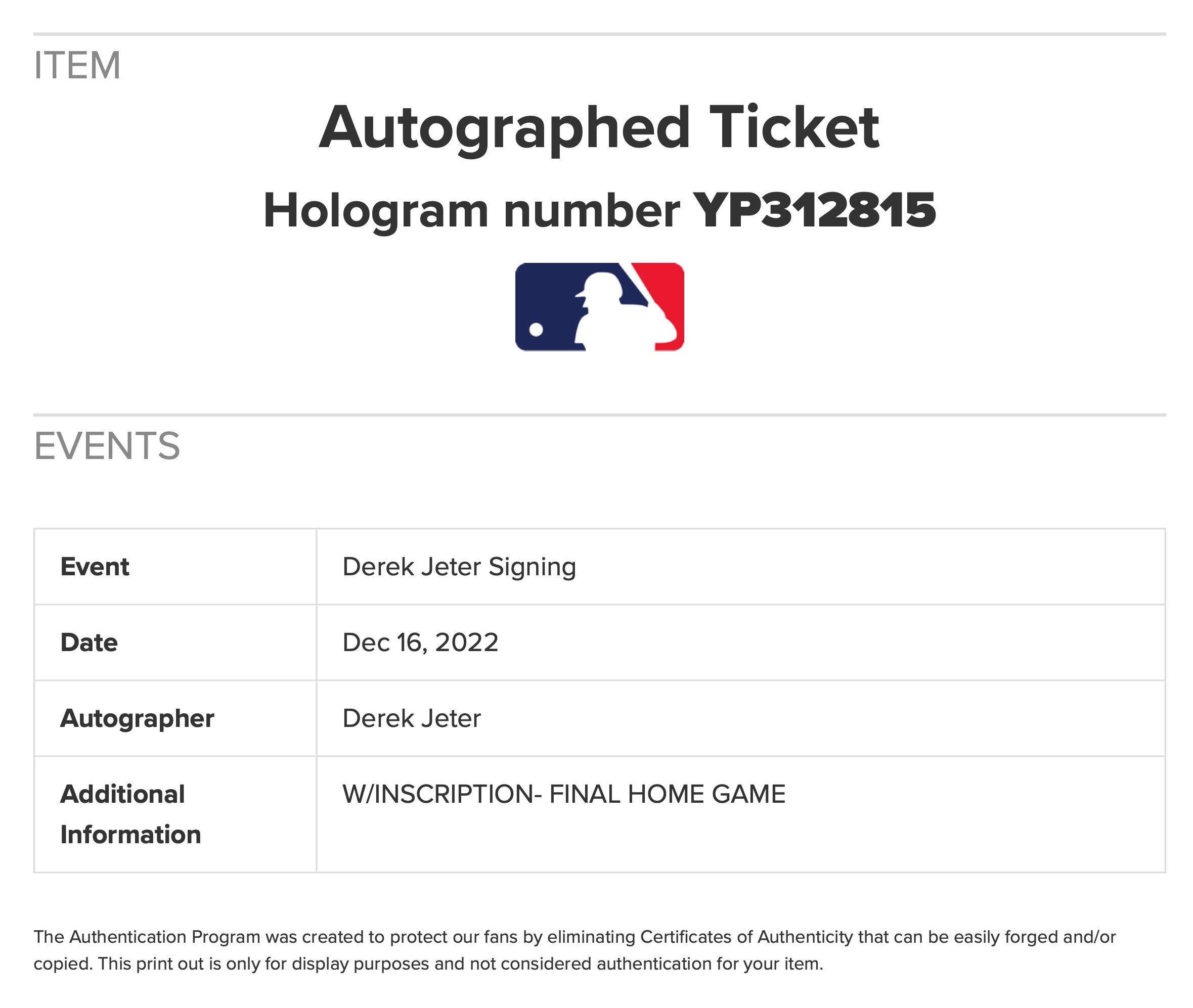 Derek Jeter Signed 2014 Final Yankee Stadium Game Ticket Inscribed "Final Home Game" (Beckett & MLB | Auto 9) at PristineAuction.com Derek Jeter Signed 2014 Final Yankee Stadium Game Ticket Inscribed "Final Home Game" (Beckett & MLB | Auto 9) at PristineAuction.com