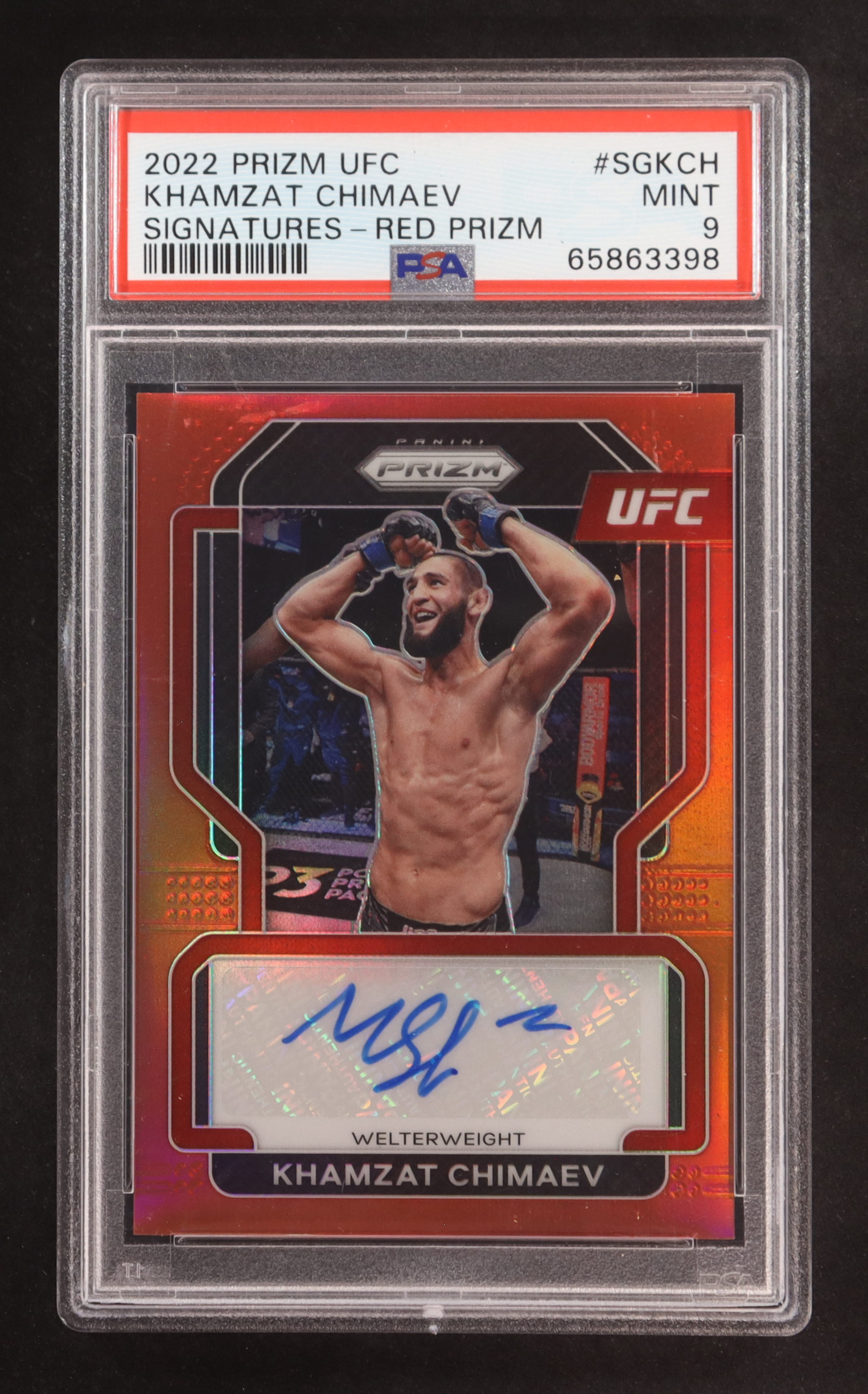 Khamzat Chimaev 2022 Panini Prizm UFC Signatures Prizms Red #SGKCH #84/99 (PSA 9) at PristineAuction.com Khamzat Chimaev 2022 Panini Prizm UFC Signatures Prizms Red #SGKCH #84/99 (PSA 9) at PristineAuction.com