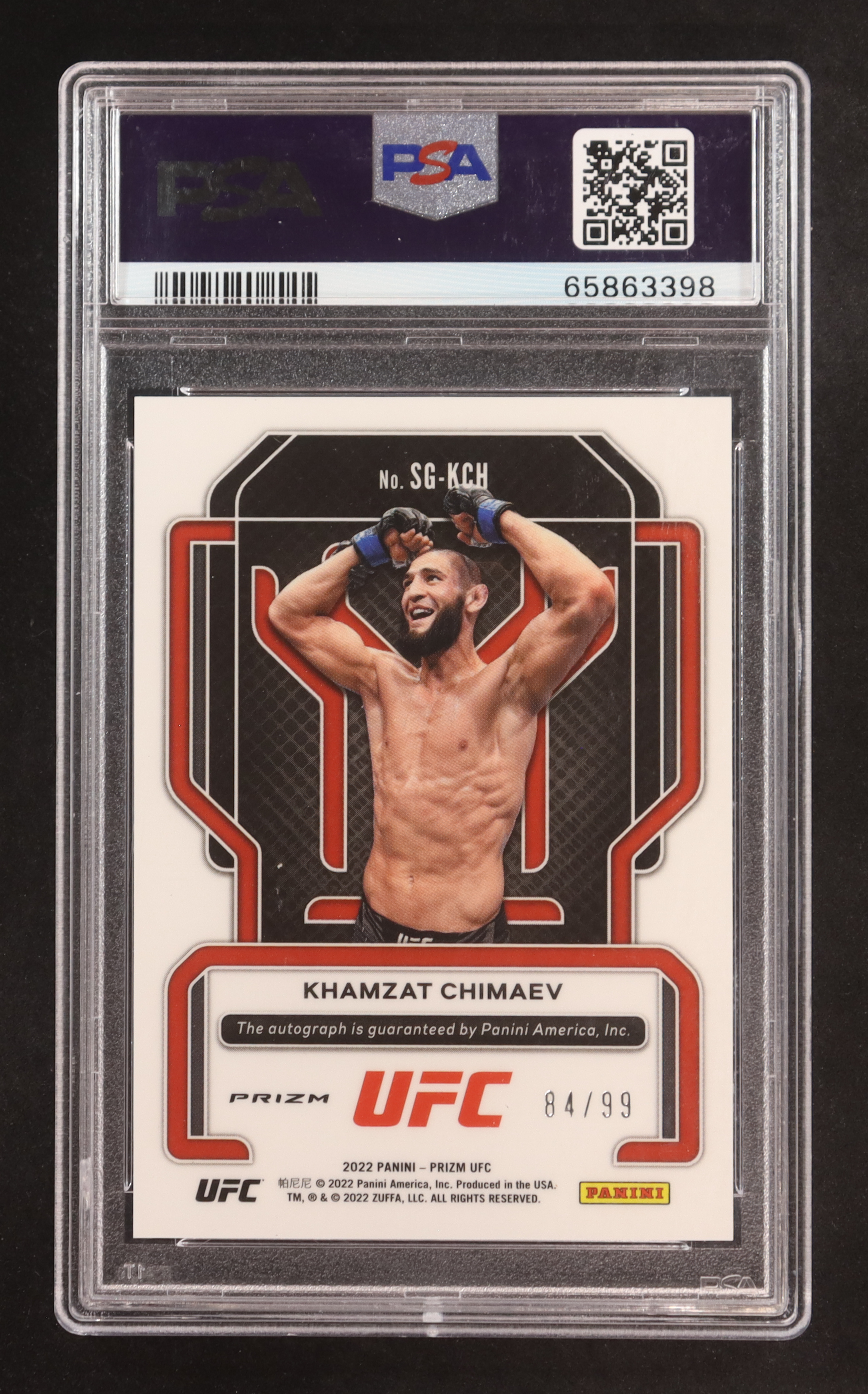Khamzat Chimaev 2022 Panini Prizm UFC Signatures Prizms Red #SGKCH #84/99 (PSA 9) at PristineAuction.com Khamzat Chimaev 2022 Panini Prizm UFC Signatures Prizms Red #SGKCH #84/99 (PSA 9) at PristineAuction.com