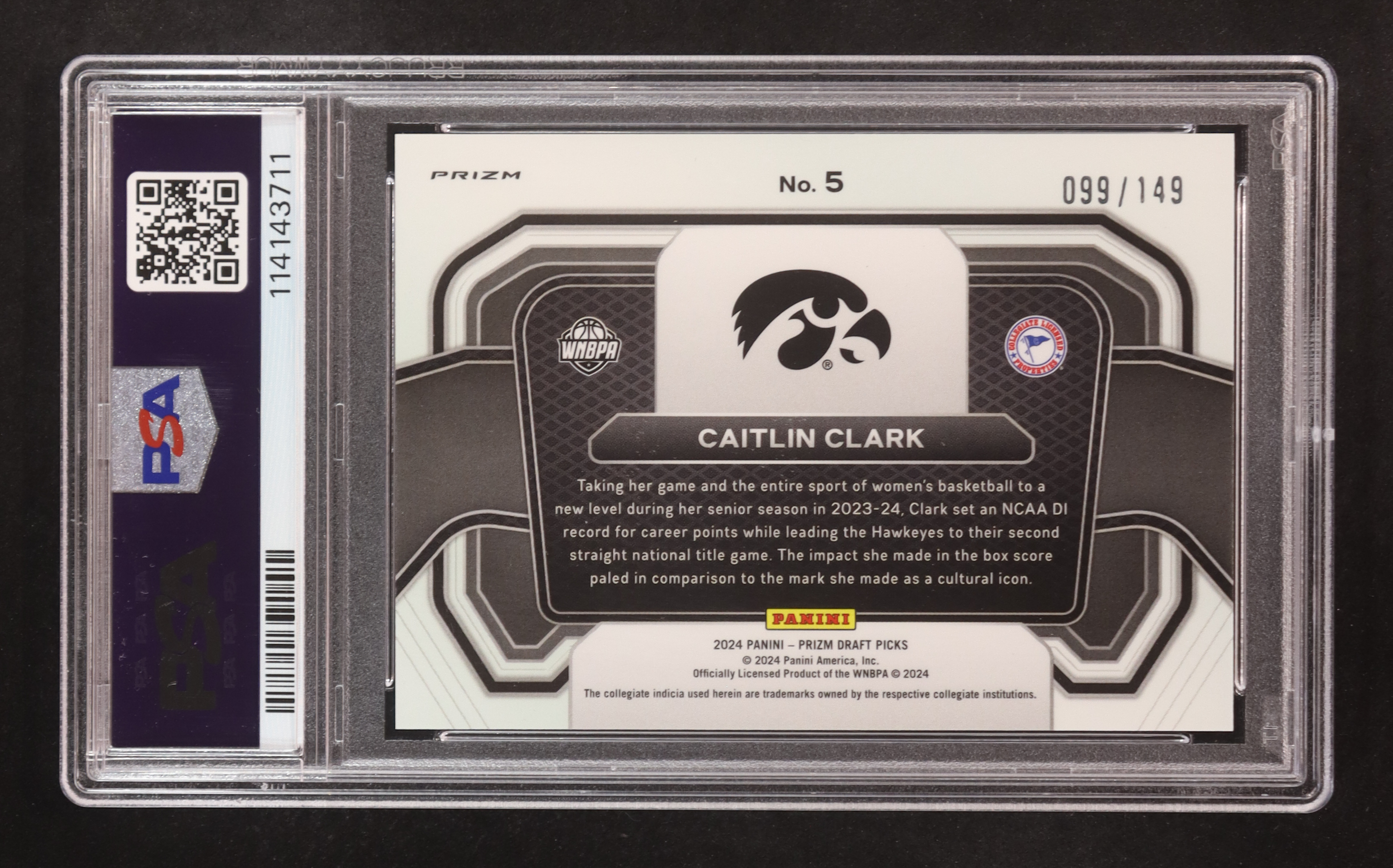 Caitlin Clark 2024-25 Panini Prizm Draft Picks Campus Legends Prizms Purple Ice #5 #099/149 RC (PSA 10) at PristineAuction.com Caitlin Clark 2024-25 Panini Prizm Draft Picks Campus Legends Prizms Purple Ice #5 #099/149 RC (PSA 10) at PristineAuction.com