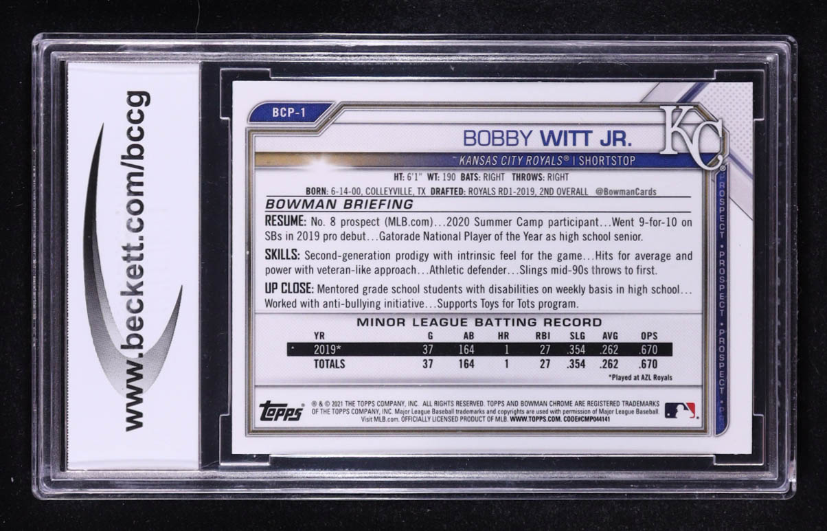 Bobby Witt Jr. 2021 Bowman Chrome Prospects #BCP-1 RC (BCCG 10) at PristineAuction.com Bobby Witt Jr. 2021 Bowman Chrome Prospects #BCP-1 RC (BCCG 10) at PristineAuction.com