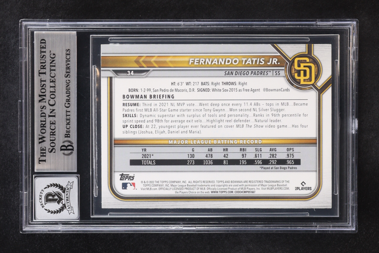 Fernando Tatis Jr. Signed 2022 Bowman #34 (BGS | Auto 10) at PristineAuction.com Fernando Tatis Jr. Signed 2022 Bowman #34 (BGS | Auto 10) at PristineAuction.com