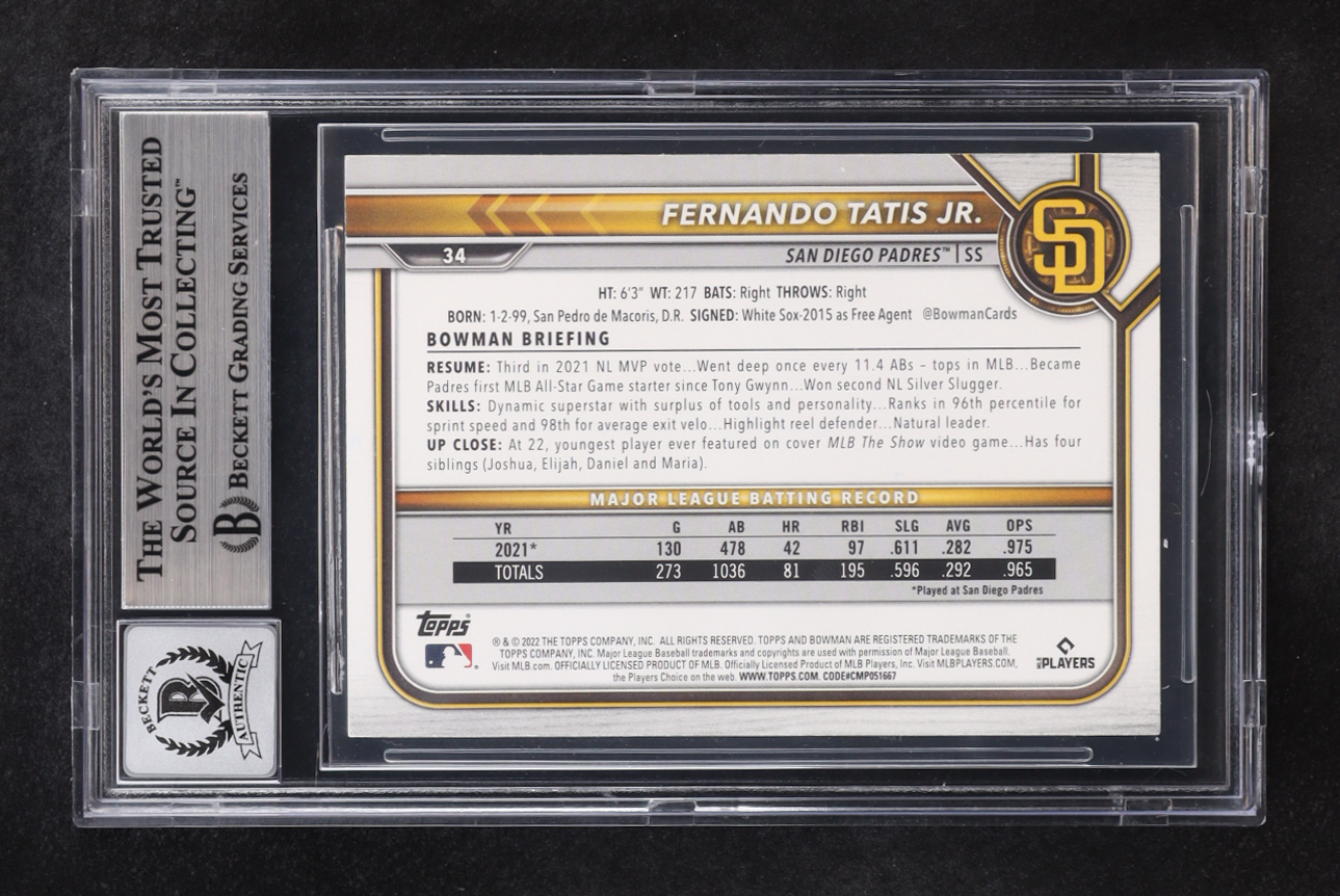 Fernando Tatis Jr. Signed 2022 Bowman #34 (BGS | Auto 10) at PristineAuction.com Fernando Tatis Jr. Signed 2022 Bowman #34 (BGS | Auto 10) at PristineAuction.com