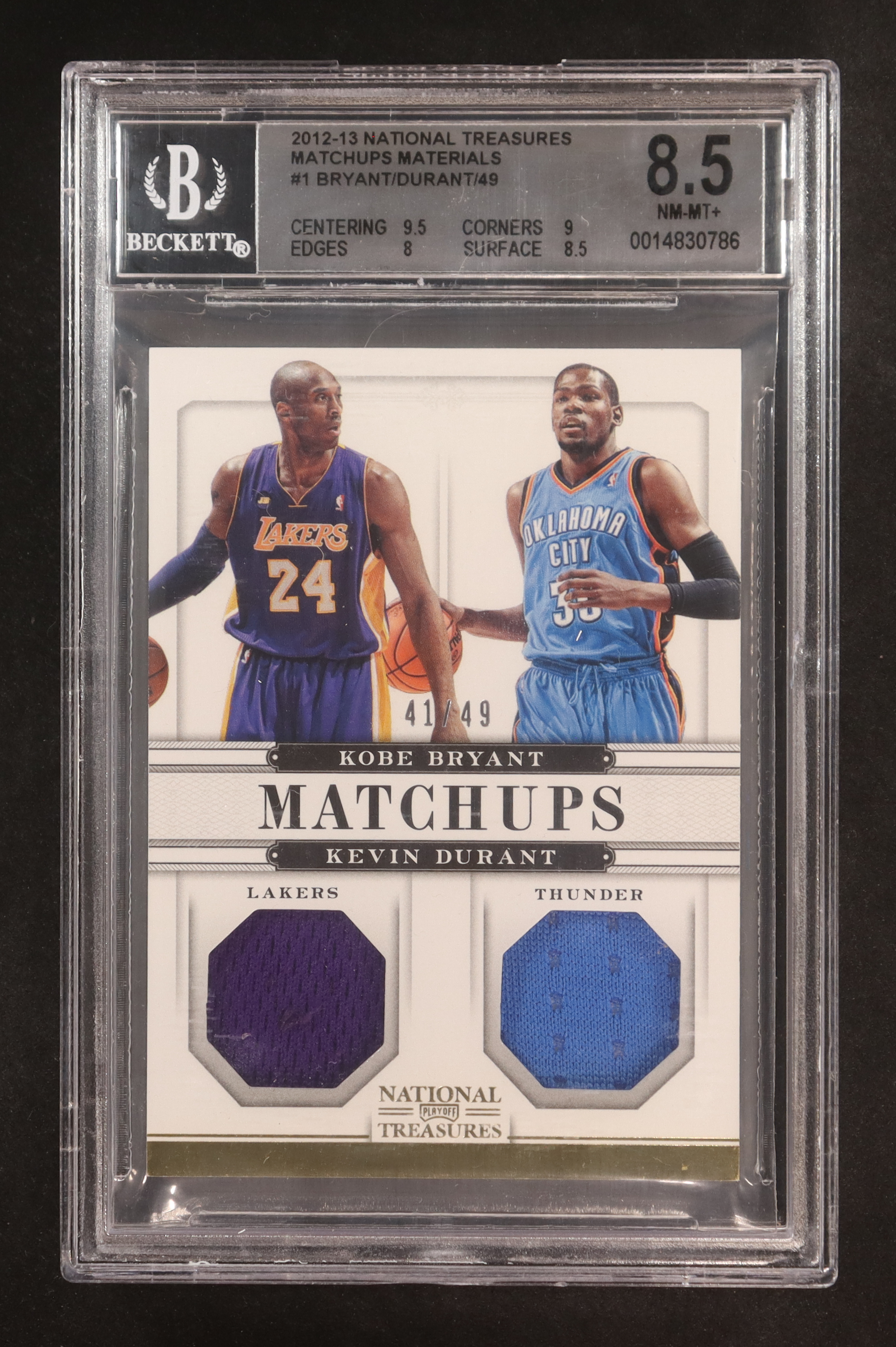 Kobe Bryant / Kevin Durant 2012-13 Panini National Treasures Matchups Materials #1 #41/49 (BGS 8.5) at PristineAuction.com Kobe Bryant / Kevin Durant 2012-13 Panini National Treasures Matchups Materials #1 #41/49 (BGS 8.5) at PristineAuction.com