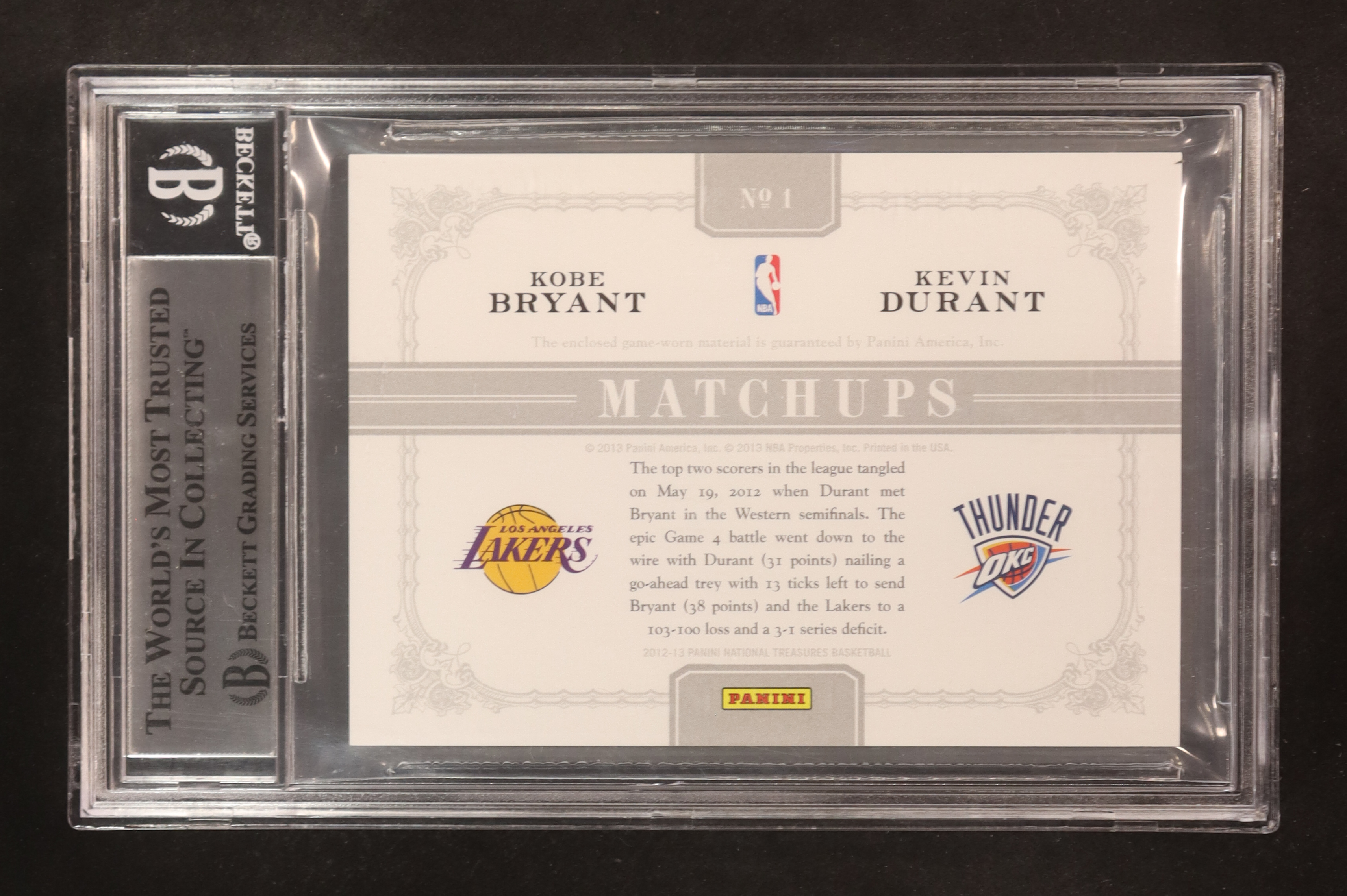 Kobe Bryant / Kevin Durant 2012-13 Panini National Treasures Matchups Materials #1 #41/49 (BGS 8.5) at PristineAuction.com Kobe Bryant / Kevin Durant 2012-13 Panini National Treasures Matchups Materials #1 #41/49 (BGS 8.5) at PristineAuction.com