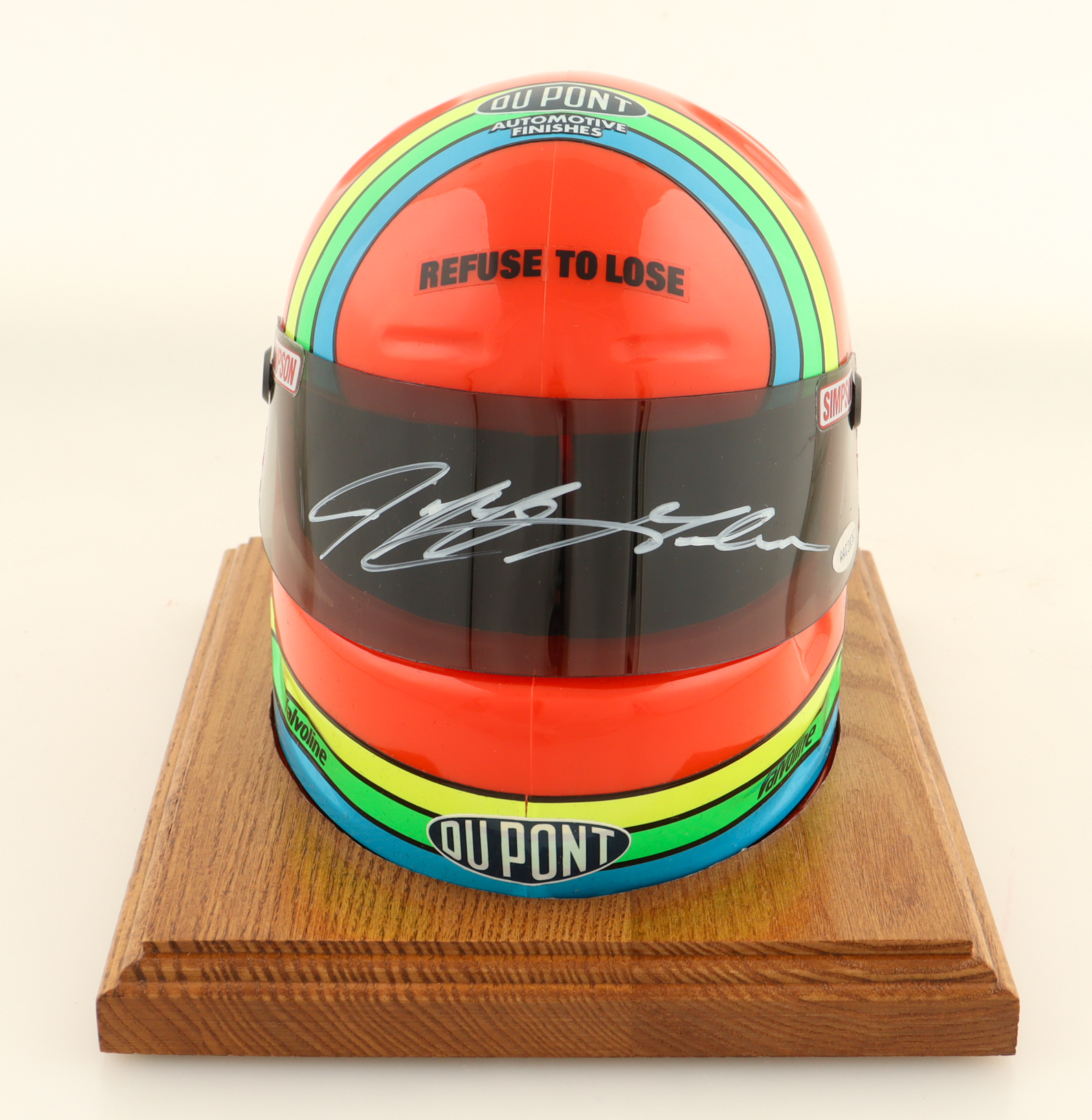 Jeff Gordon Signed Dupont Mini Racing Helmet With Display Base (UDA) at PristineAuction.com Jeff Gordon Signed Dupont Mini Racing Helmet With Display Base (UDA) at PristineAuction.com
