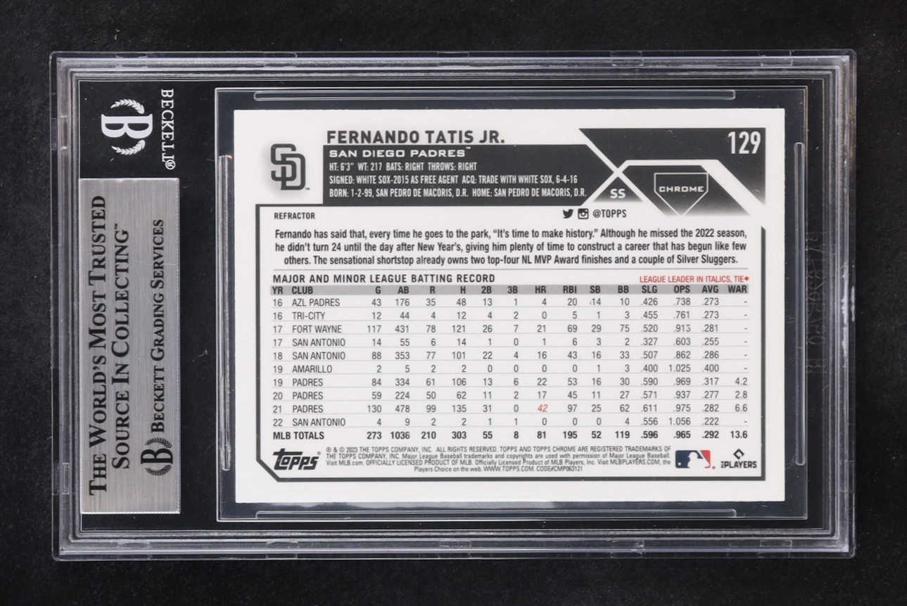Fernando Tatis Jr. Signed 2023 Topps Chrome Refractors #129 (BGS) at PristineAuction.com Fernando Tatis Jr. Signed 2023 Topps Chrome Refractors #129 (BGS) at PristineAuction.com