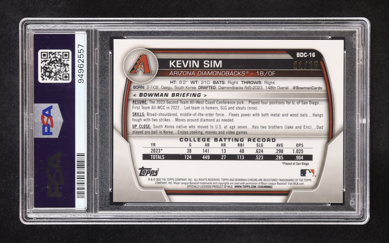 Kevin Sim 2023 Bowman Chrome Draft Sapphire Orange Refractors #BDC16 #01/25 (PSA 10) at PristineAuction.com Kevin Sim 2023 Bowman Chrome Draft Sapphire Orange Refractors #BDC16 #01/25 (PSA 10) at PristineAuction.com