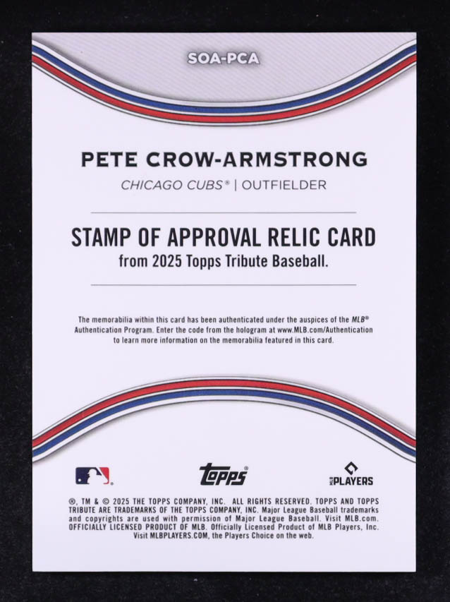 Pete Crow-Armstrong 2025 Topps Tribute Stamp of Approval Relics Blue #SOAPCA #006/150 at PristineAuction.com Pete Crow-Armstrong 2025 Topps Tribute Stamp of Approval Relics Blue #SOAPCA #006/150 at PristineAuction.com