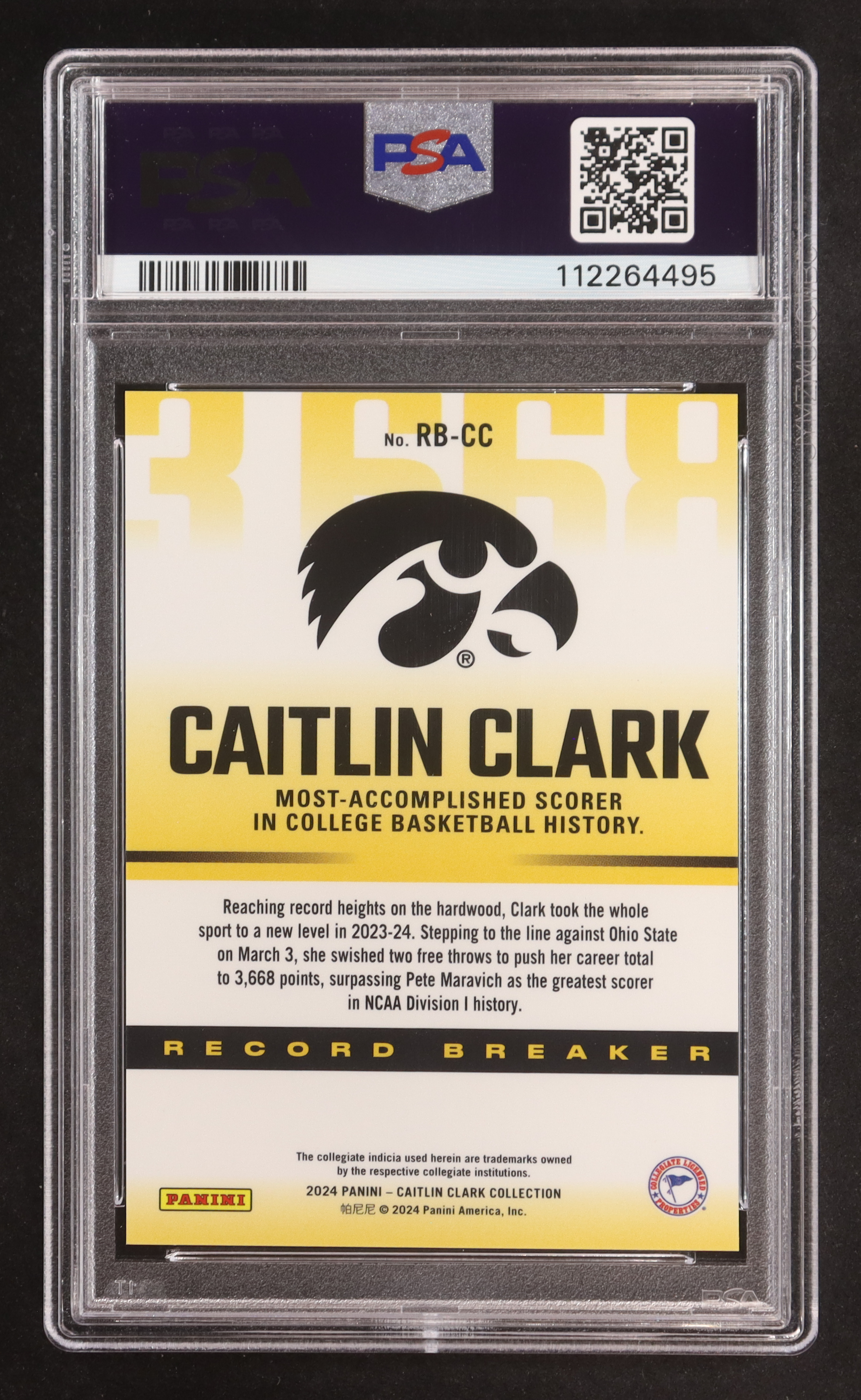 Caitlin Clark 2024 Panini Caitlin Clark Collection Record Breaker #RBCC RC (PSA 10) at PristineAuction.com Caitlin Clark 2024 Panini Caitlin Clark Collection Record Breaker #RBCC RC (PSA 10) at PristineAuction.com