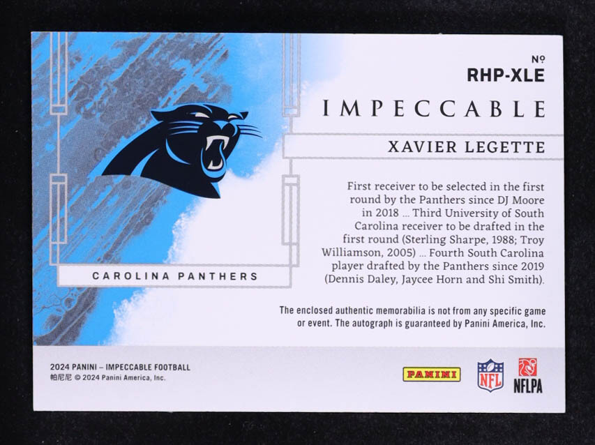 Xavier Legette 2024 Panini Impeccable Elegance Rookie Helmet and Patch Autographs #7 #74/75 RC at PristineAuction.com Xavier Legette 2024 Panini Impeccable Elegance Rookie Helmet and Patch Autographs #7 #74/75 RC at PristineAuction.com