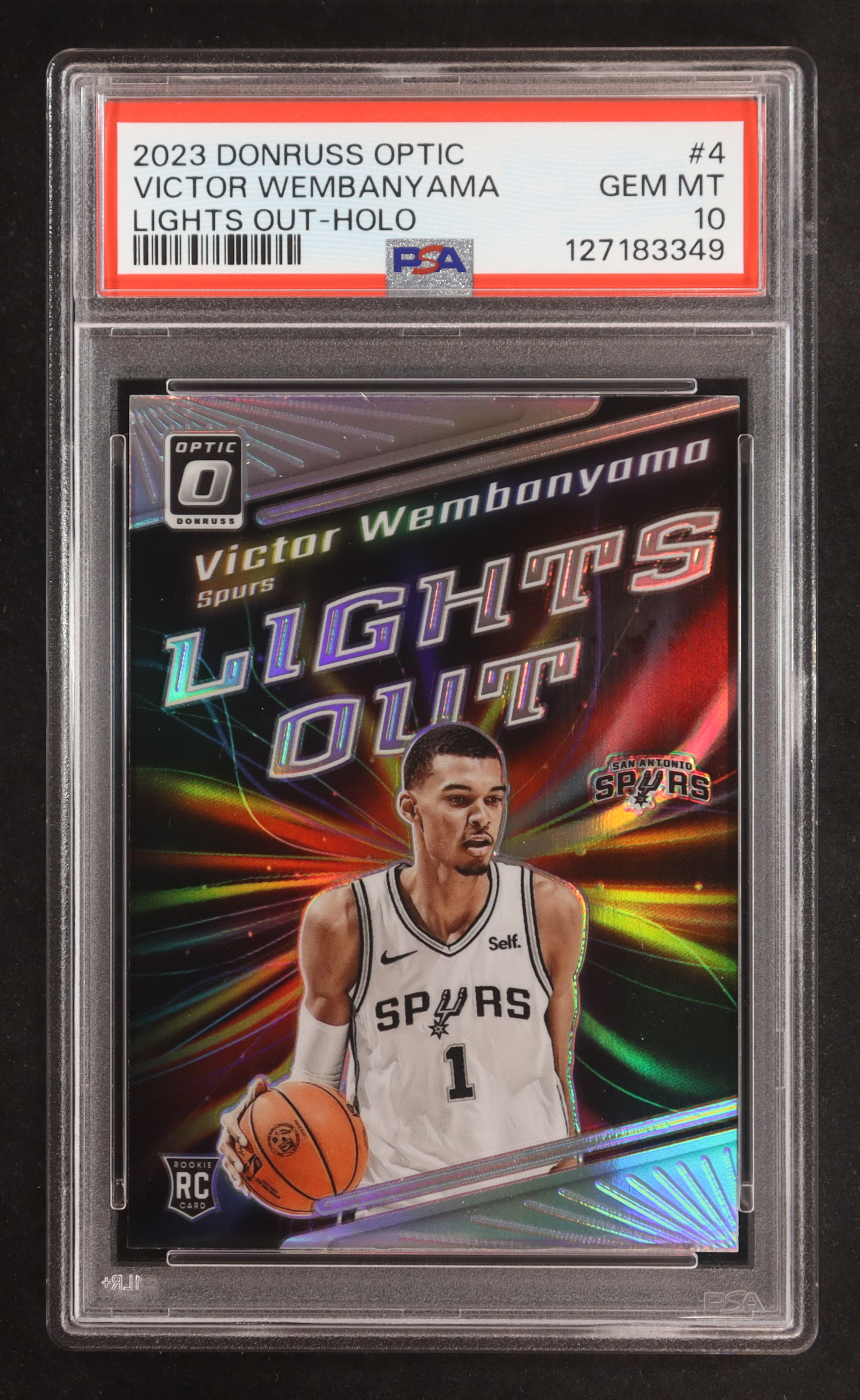 Victor Wembanyama 2023-24 Donruss Optic Lights Out Holo #4 RC (PSA 10) at PristineAuction.com Victor Wembanyama 2023-24 Donruss Optic Lights Out Holo #4 RC (PSA 10) at PristineAuction.com