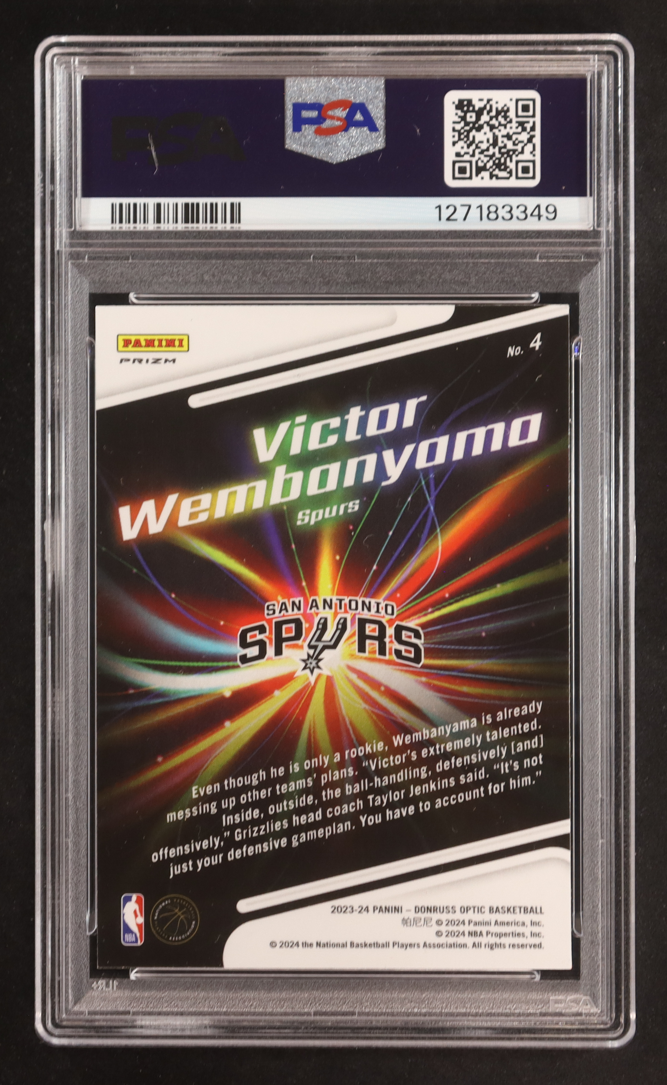 Victor Wembanyama 2023-24 Donruss Optic Lights Out Holo #4 RC (PSA 10) at PristineAuction.com Victor Wembanyama 2023-24 Donruss Optic Lights Out Holo #4 RC (PSA 10) at PristineAuction.com