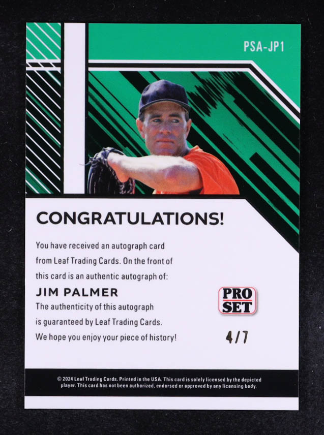 Jim Palmer 2024 Leaf Collective Pro Set Autographs Shimmer Purple #PSAJP1 #4/7 at PristineAuction.com Jim Palmer 2024 Leaf Collective Pro Set Autographs Shimmer Purple #PSAJP1 #4/7 at PristineAuction.com