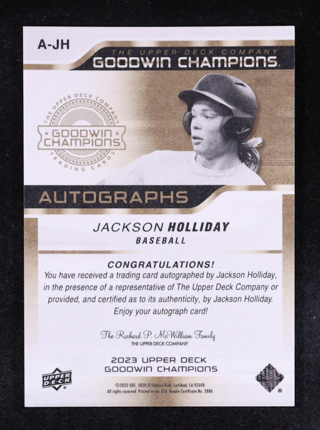 Jackson Holliday 2023 Upper Deck Goodwin Champions Autographs #AJH RC at PristineAuction.com Jackson Holliday 2023 Upper Deck Goodwin Champions Autographs #AJH RC at PristineAuction.com