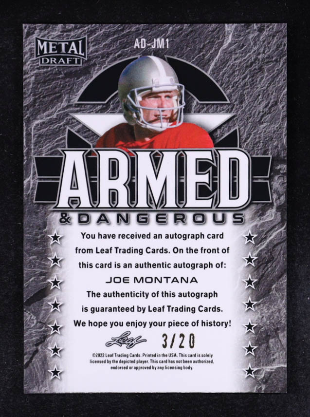 Joe Montana 2024 Leaf Metal Draft Armed & Dangerous Autographs Silver Mojo #ADJM1 #03/20 at PristineAuction.com Joe Montana 2024 Leaf Metal Draft Armed & Dangerous Autographs Silver Mojo #ADJM1 #03/20 at PristineAuction.com