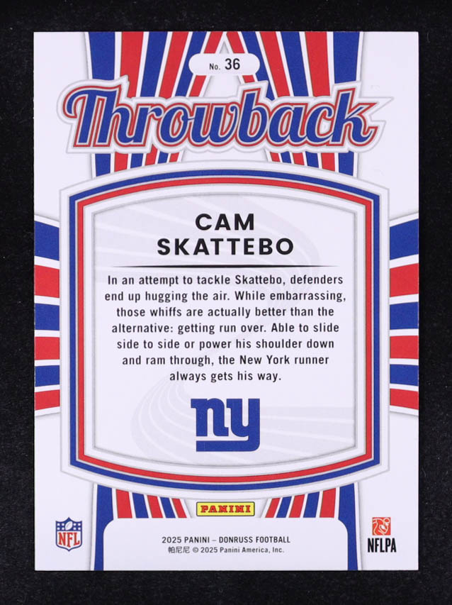 Cam Skattebo 2025 Donruss Rated Rookies Throwback #36 RC at PristineAuction.com Cam Skattebo 2025 Donruss Rated Rookies Throwback #36 RC at PristineAuction.com