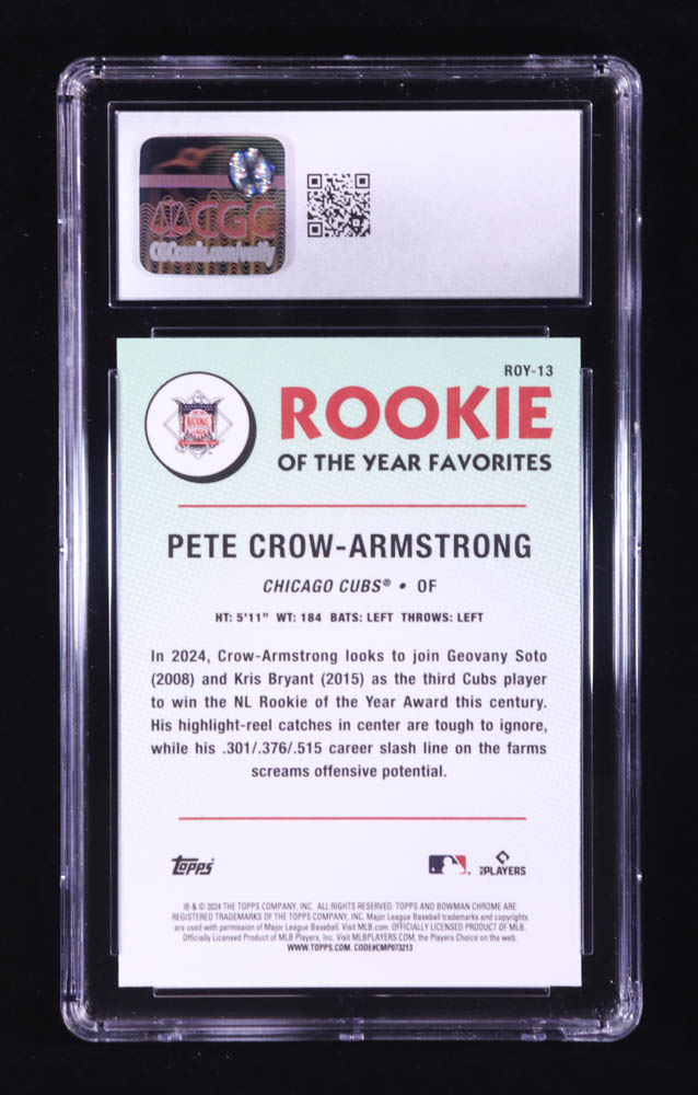 Pete Crow-Armstrong 2024 Bowman Chrome Rookie of the Year Favorites #ROY13 RC (CGC 10) at PristineAuction.com Pete Crow-Armstrong 2024 Bowman Chrome Rookie of the Year Favorites #ROY13 RC (CGC 10) at PristineAuction.com