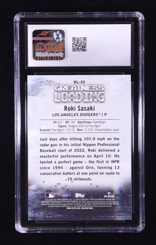 Roki Sasaki 2025 Bowman Chrome Greatness Loading #GL23 RC (CGC 10) at PristineAuction.com Roki Sasaki 2025 Bowman Chrome Greatness Loading #GL23 RC (CGC 10) at PristineAuction.com