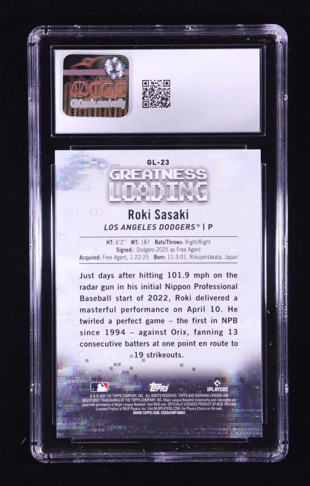 Roki Sasaki 2025 Bowman Chrome Greatness Loading #GL23 RC (CGC 10) at PristineAuction.com Roki Sasaki 2025 Bowman Chrome Greatness Loading #GL23 RC (CGC 10) at PristineAuction.com