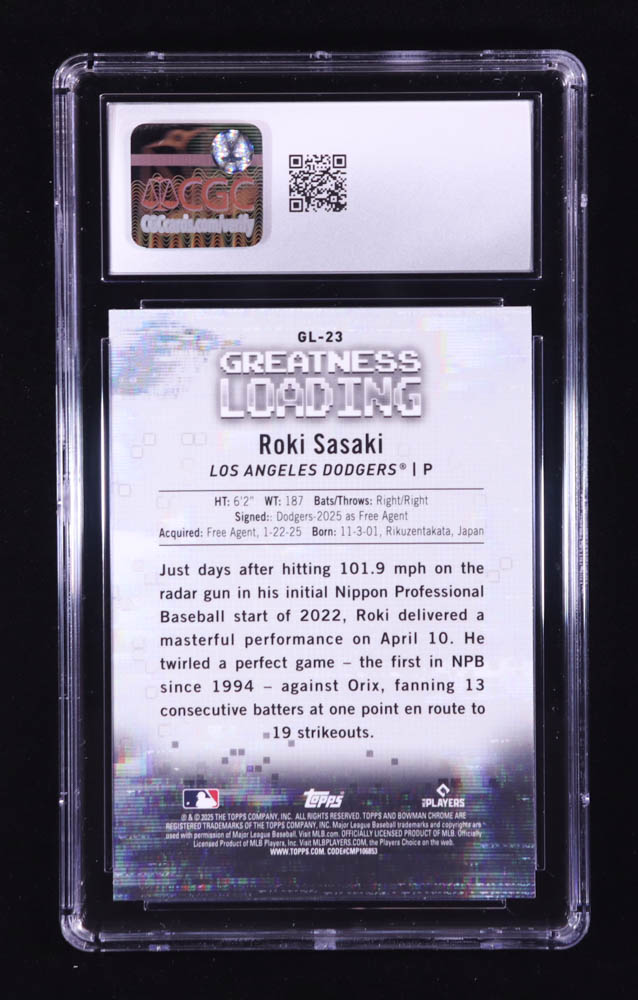 Roki Sasaki 2025 Bowman Chrome Greatness Loading #GL23 RC (CGC 10) at PristineAuction.com Roki Sasaki 2025 Bowman Chrome Greatness Loading #GL23 RC (CGC 10) at PristineAuction.com