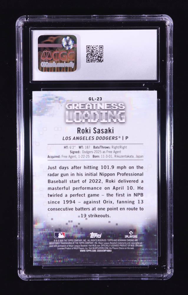 Roki Sasaki 2025 Bowman Chrome Greatness Loading #GL23 RC (CGC 10) at PristineAuction.com Roki Sasaki 2025 Bowman Chrome Greatness Loading #GL23 RC (CGC 10) at PristineAuction.com
