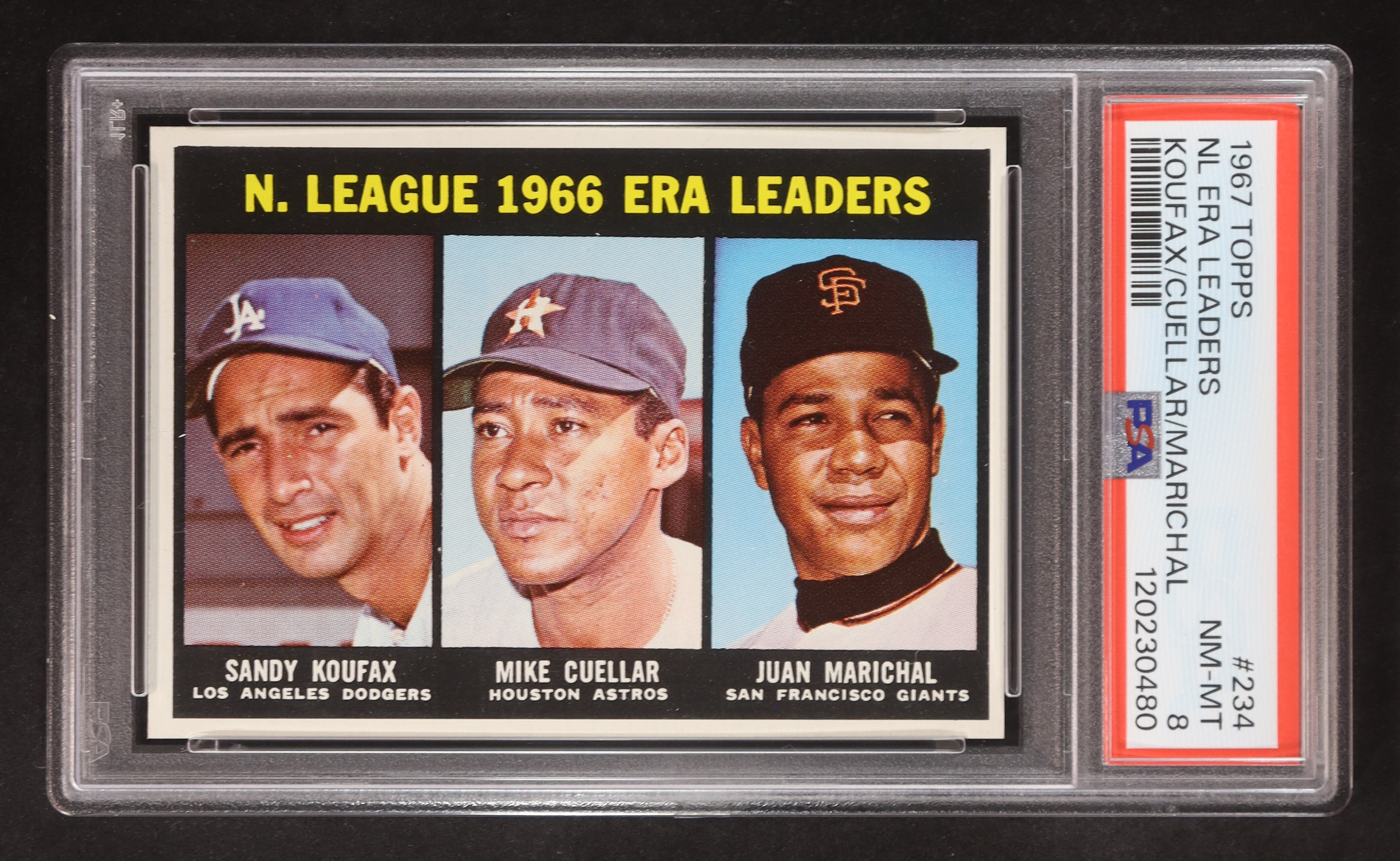 Sandy Koufax / Mike Cuellar / Juan Marichal 1967 Topps #234 NL ERA Leaders (PSA 8) at PristineAuction.com Sandy Koufax / Mike Cuellar / Juan Marichal 1967 Topps #234 NL ERA Leaders (PSA 8) at PristineAuction.com