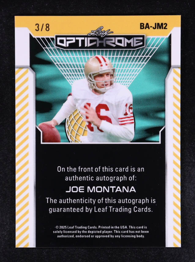 Joe Montana 2025 Leaf OptiChrome Autographs Prismatic Pink #BAJM2 #3/8 at PristineAuction.com Joe Montana 2025 Leaf OptiChrome Autographs Prismatic Pink #BAJM2 #3/8 at PristineAuction.com