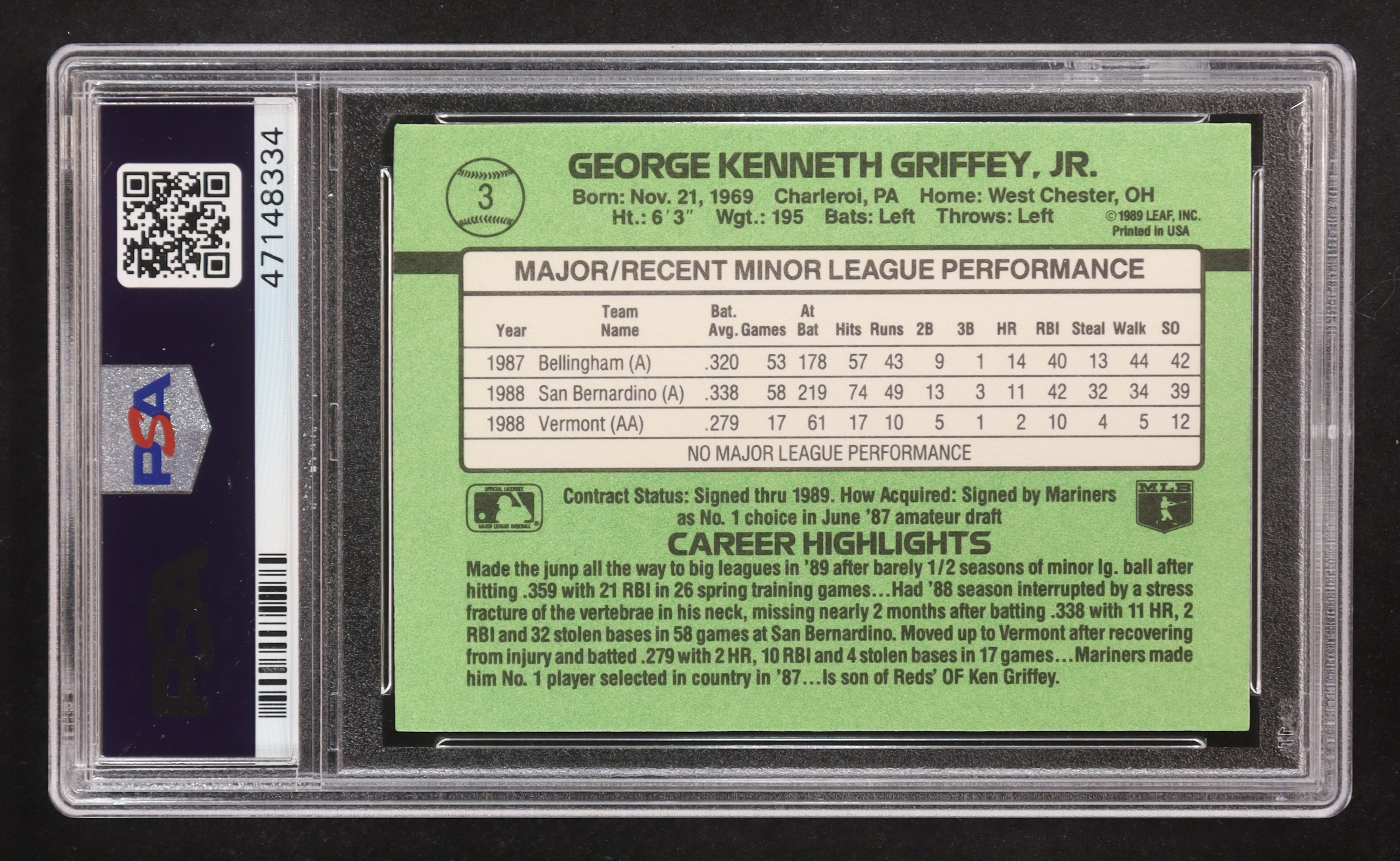 Ken Griffey Jr. 1989 Donruss Rookies #3 RC (PSA 9) at PristineAuction.com Ken Griffey Jr. 1989 Donruss Rookies #3 RC (PSA 9) at PristineAuction.com