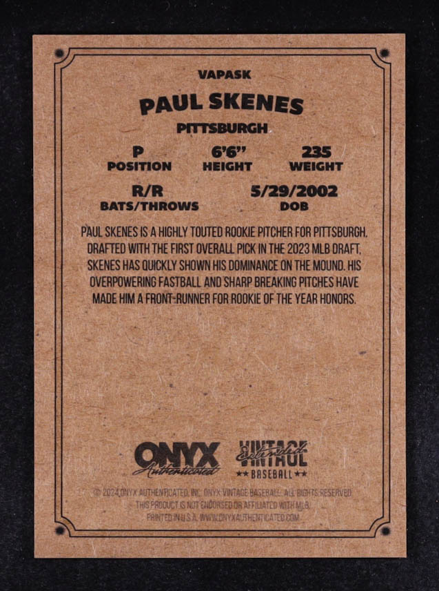 Paul Skenes 2024 Onyx Vintage Autograph #VAPASK RC at PristineAuction.com Paul Skenes 2024 Onyx Vintage Autograph #VAPASK RC at PristineAuction.com