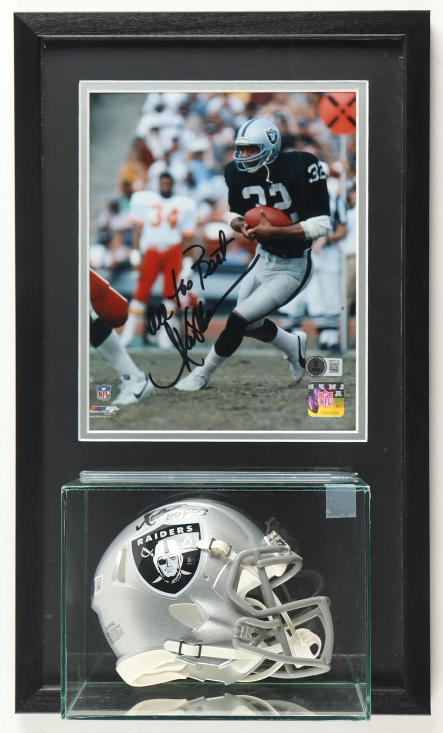 Marcus Allen Signed Custom Framed Photo Display With Raiders Speed Mini Helmet Inscribed "All The Best" & "HOF 03" (Beckett) at PristineAuction.com Marcus Allen Signed Custom Framed Photo Display With Raiders Speed Mini Helmet Inscribed "All The Best" & "HOF 03" (Beckett) at PristineAuction.com