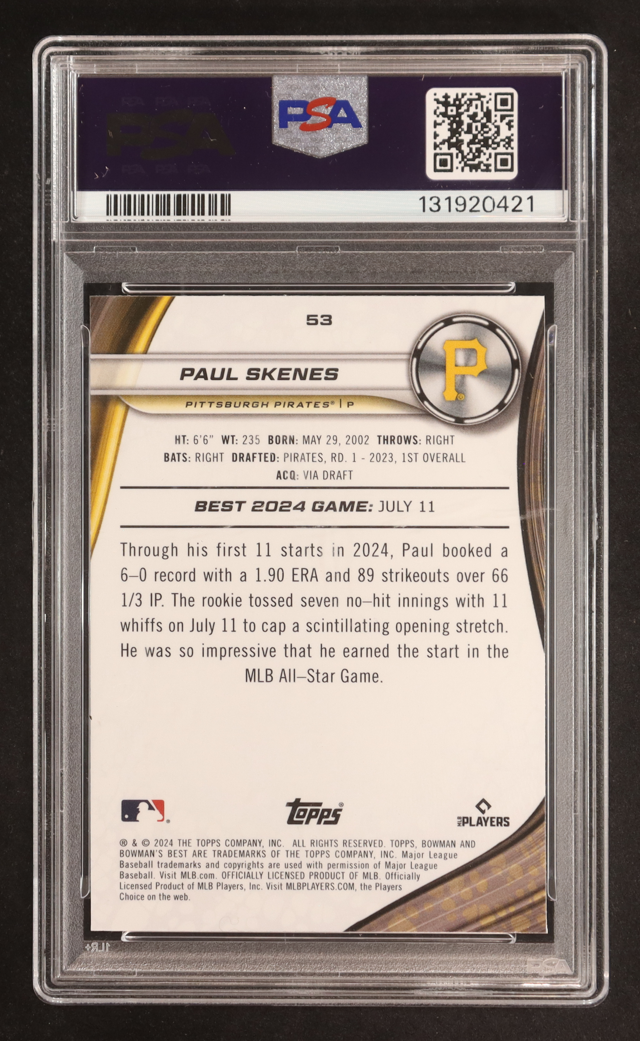 Paul Skenes 2024 Bowman's Best #53 RC (PSA 10) at PristineAuction.com Paul Skenes 2024 Bowman's Best #53 RC (PSA 10) at PristineAuction.com