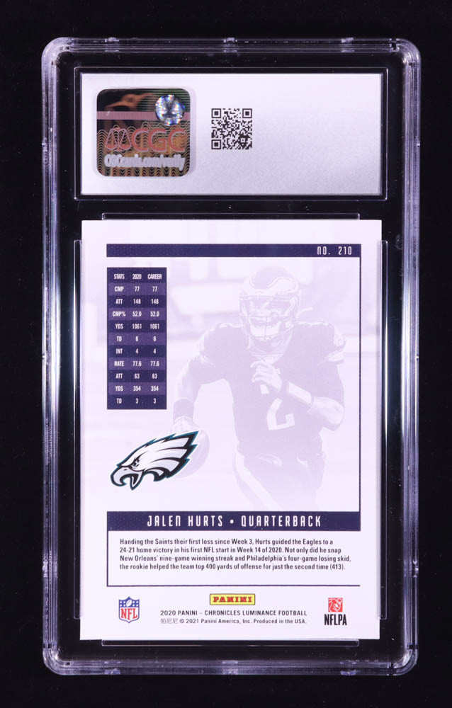 Jalen Hurts 2020 Panini Luminance #210 RC / CHRONICLES (CGC 10) at PristineAuction.com Jalen Hurts 2020 Panini Luminance #210 RC / CHRONICLES (CGC 10) at PristineAuction.com